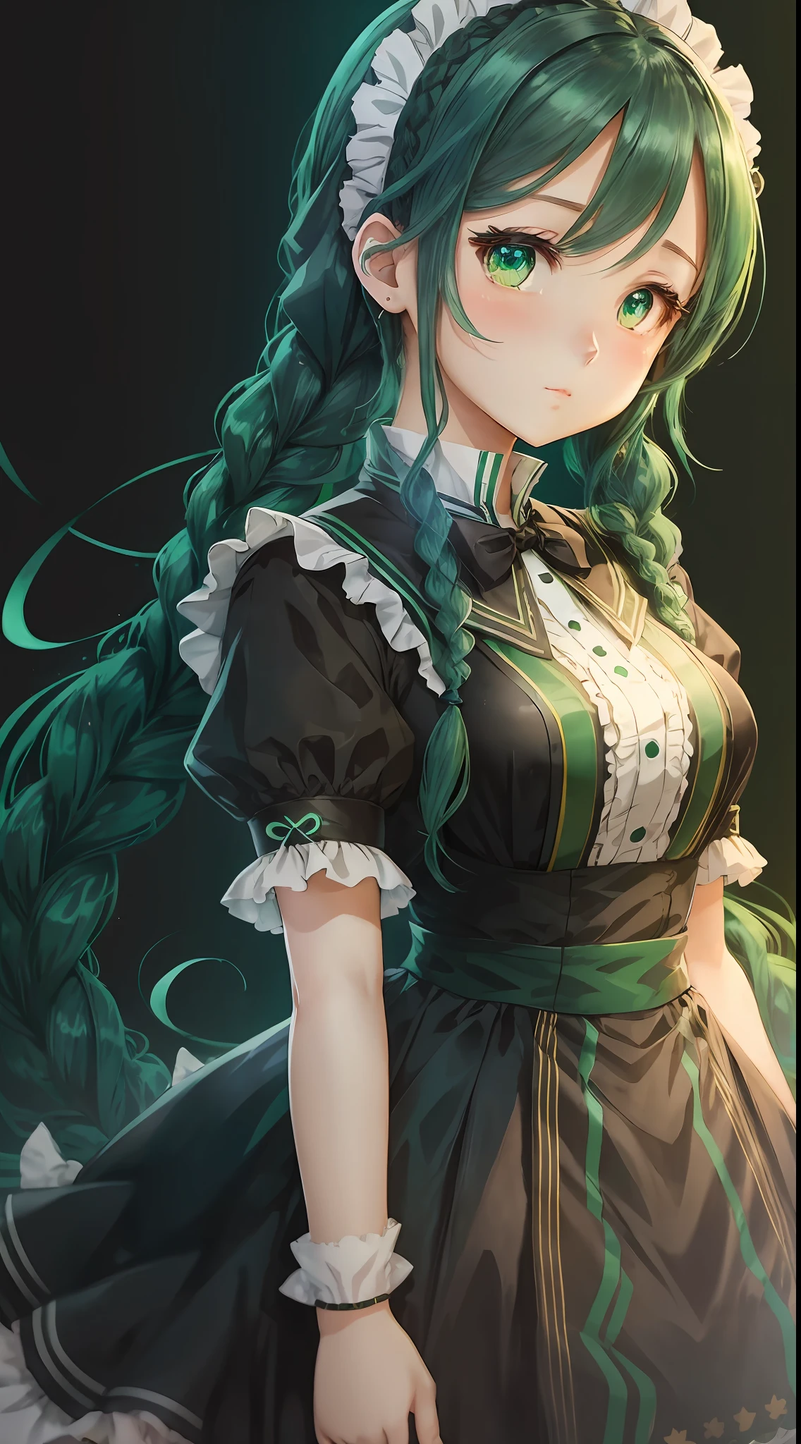 High quality anime style, girl, height 110 cm, gentle, black maid clothes, green hair, well-formed braids, blue cyber background --auto --s2