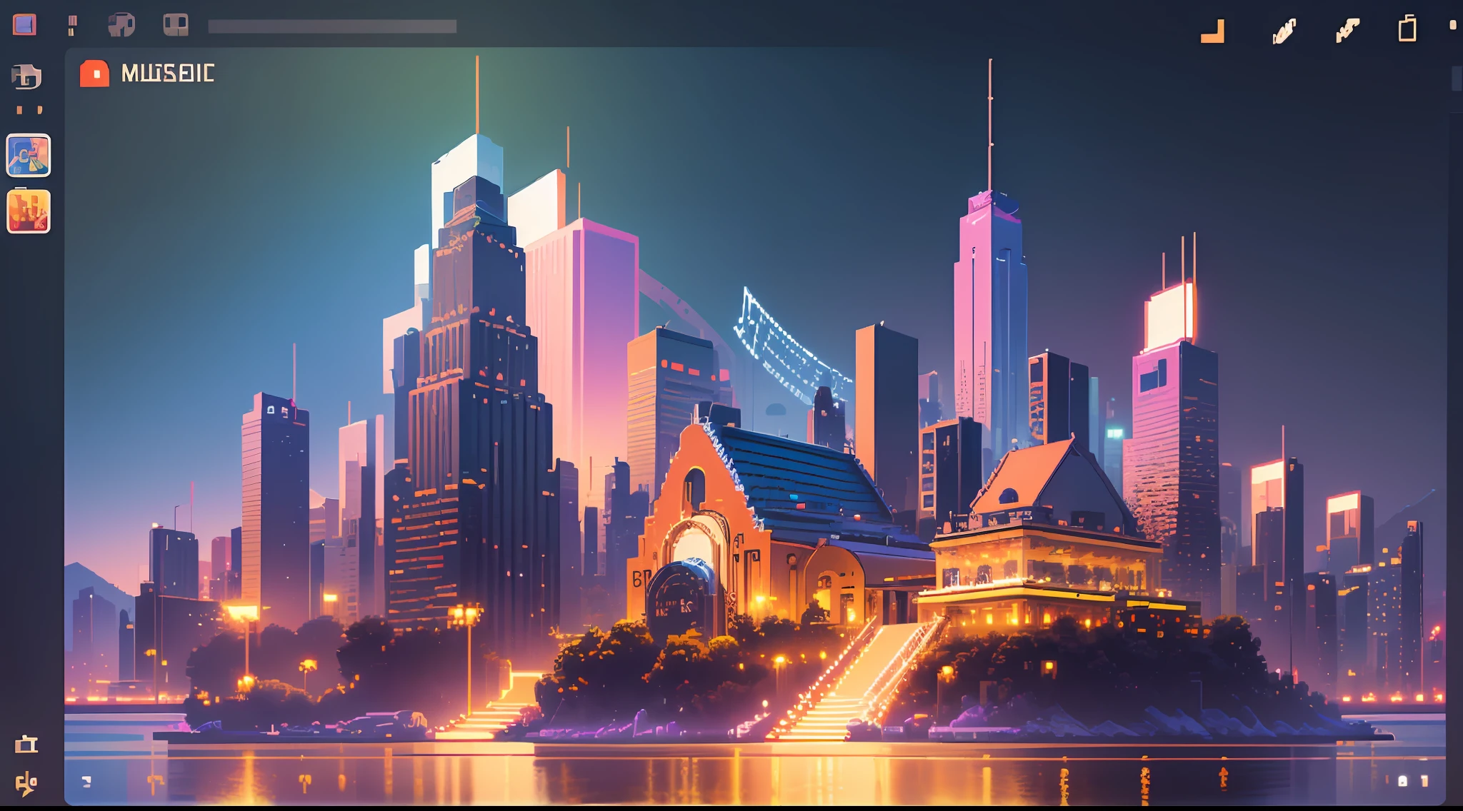 (all genres:1.2) "musica" (background image:1.3) for YouTube. (Art in game:1.1) pixel art format game (music style:1.5), music (8-bit:1.2).
