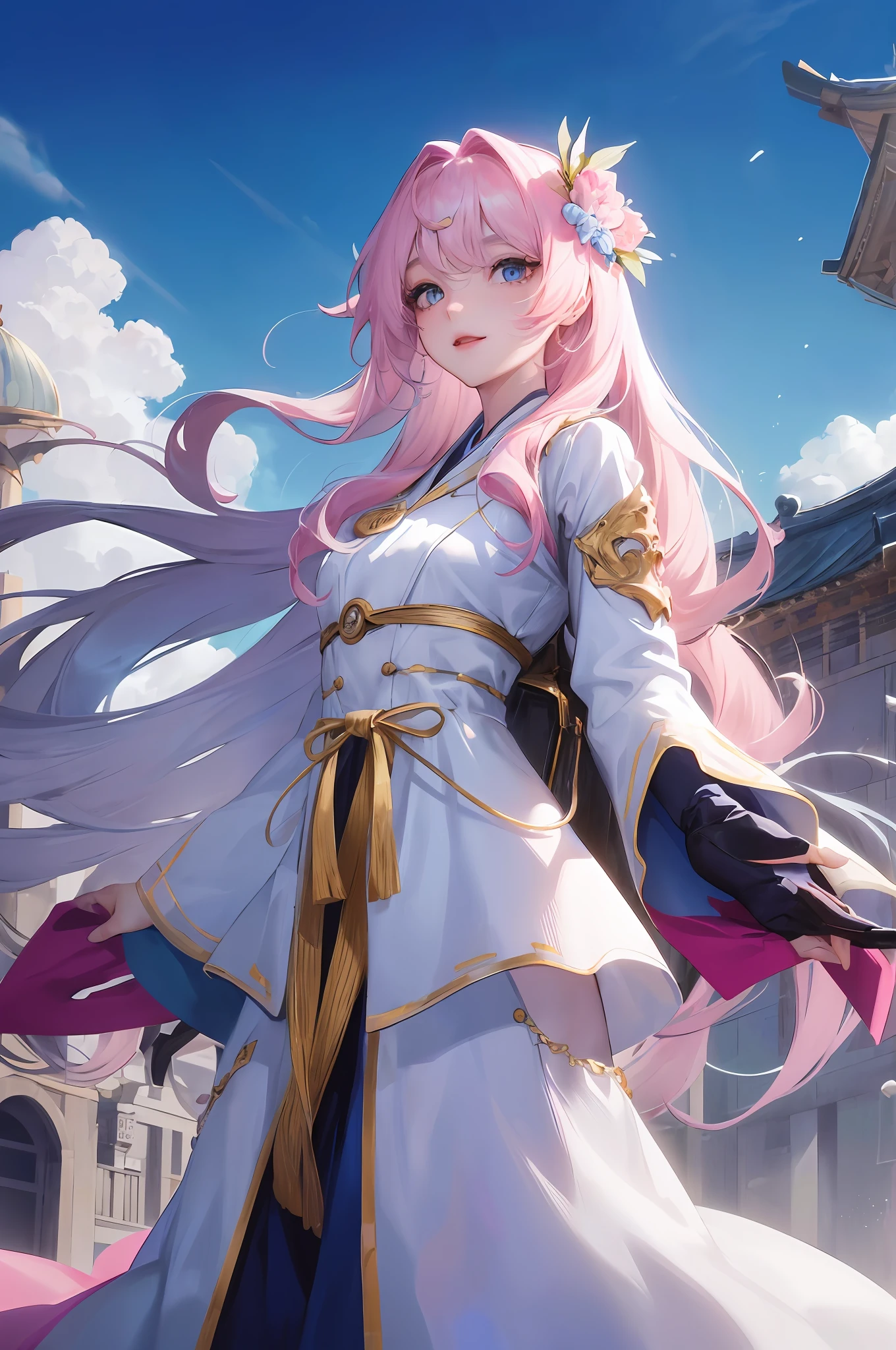 Official fine art, masterpieces, sharp focus, (Beautiful gorgeous cute Korean woman: 1.3), (Beautiful cute Korean: 1.3), Korean beauty, delicate beautiful hair and eyes and face, realistic, super detailed, beautiful girl, backpack, blue sky, glowing white particles, (sidelighting: 1.2), sunlight, white clouds, delicate clouds, slender, smile, scenery, long straight hair, buildings, dynamic hair, long straight hair, fine platinum pink hair, glowing blue eyes, hair accessories, epic scenery,