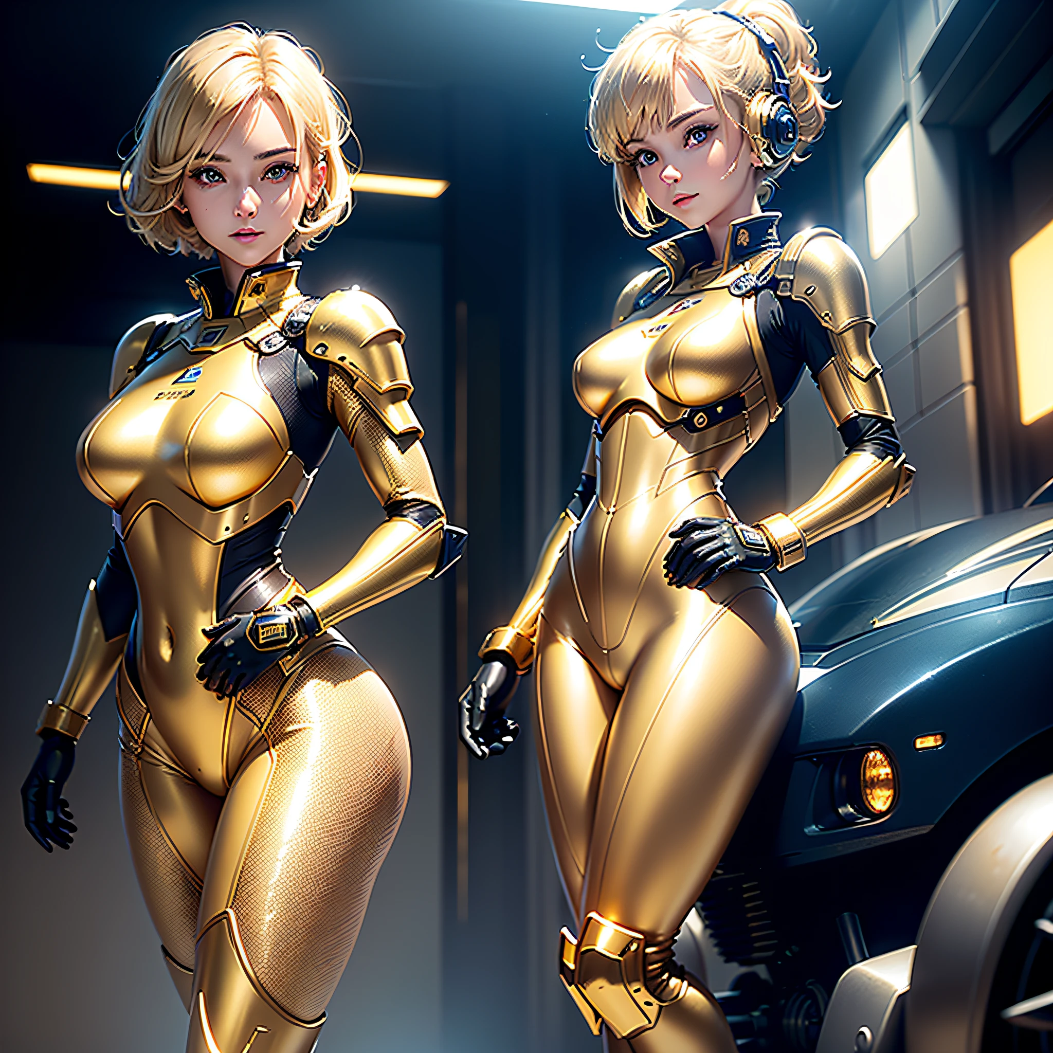 (Masterpiece, highest quality, highest resolution, distinct_image, very elaborate CG, cinematic lighting, ray tracing, drop shadows, detailed detail, (photorealistic: 1.4), high quality textures, fine-grained, realistic face expression): (single girl, face is Japan, blonde girl, short hair, small size breasts, Detailed Gundam cockpit with sparkly blue colored eyes, eye level shots, metallic gold colored flight suits, tight fitting clothes, full-body covering clothes, light smile, beauty, slim body, exoskeleton, heroine, headset, long boots, gloves, solo ride)