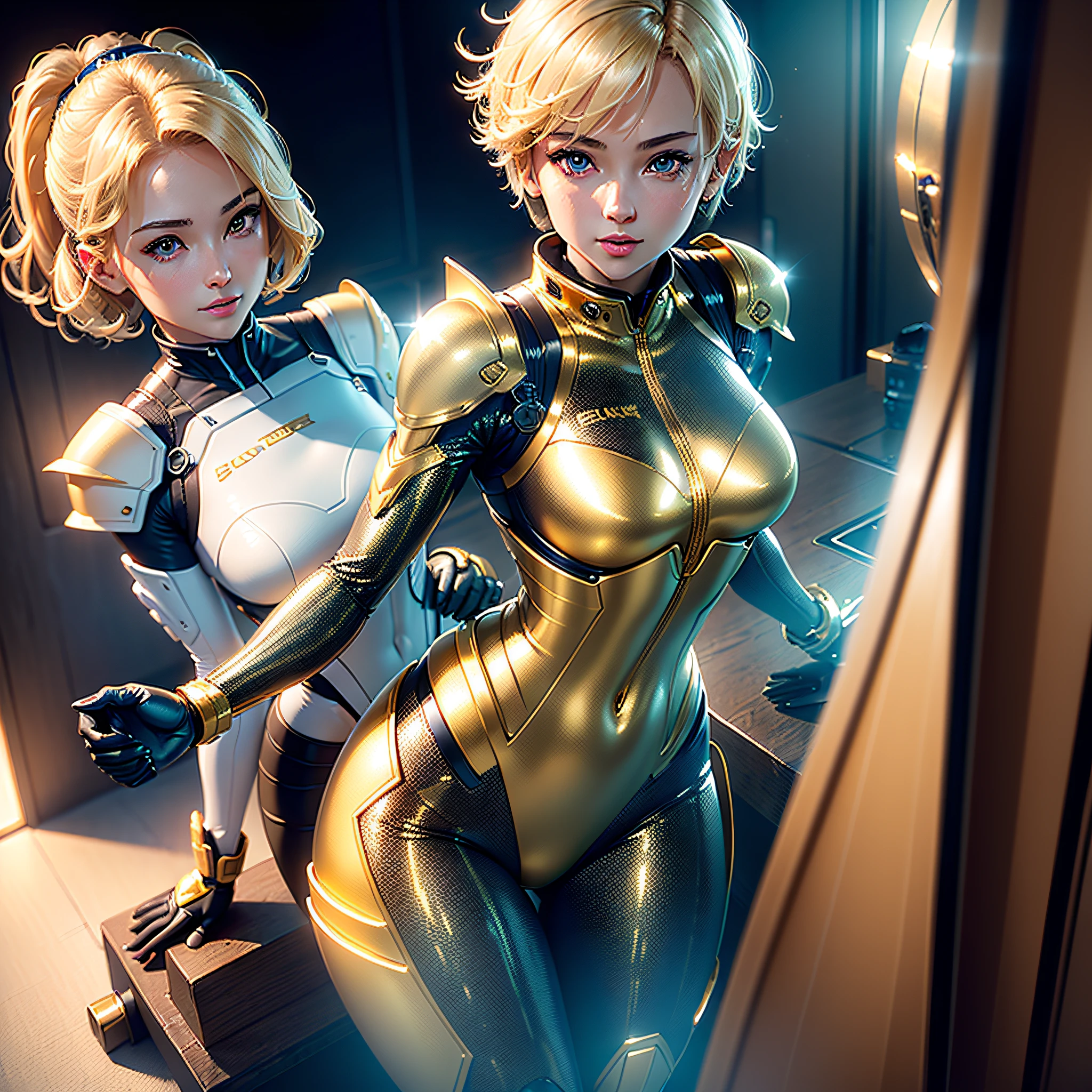 (Masterpiece, highest quality, highest resolution, distinct_image, very elaborate CG, cinematic lighting, ray tracing, drop shadows, detailed detail, (photorealistic: 1.4), high quality textures, fine-grained, realistic face expression): (single girl, face is Japan, blonde girl, short hair, small size breasts, Detailed Gundam cockpit with sparkly blue colored eyes, eye level shots, metallic gold colored flight suits, tight fitting clothes, full-body covering clothes, light smile, beauty, slim body, exoskeleton, heroine, headset, long boots, gloves, solo ride)