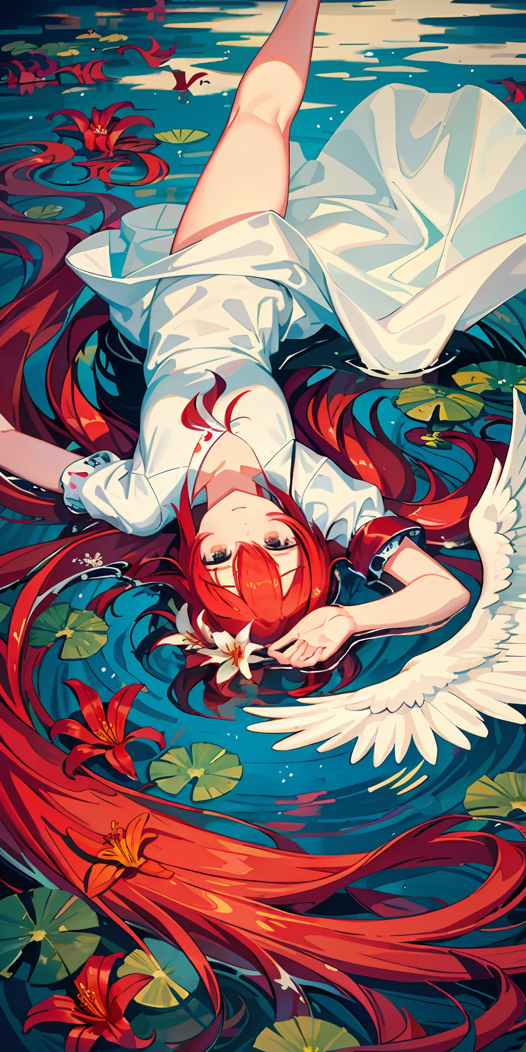 girl underwater, long red flowing hair, angel wings, lily flowers