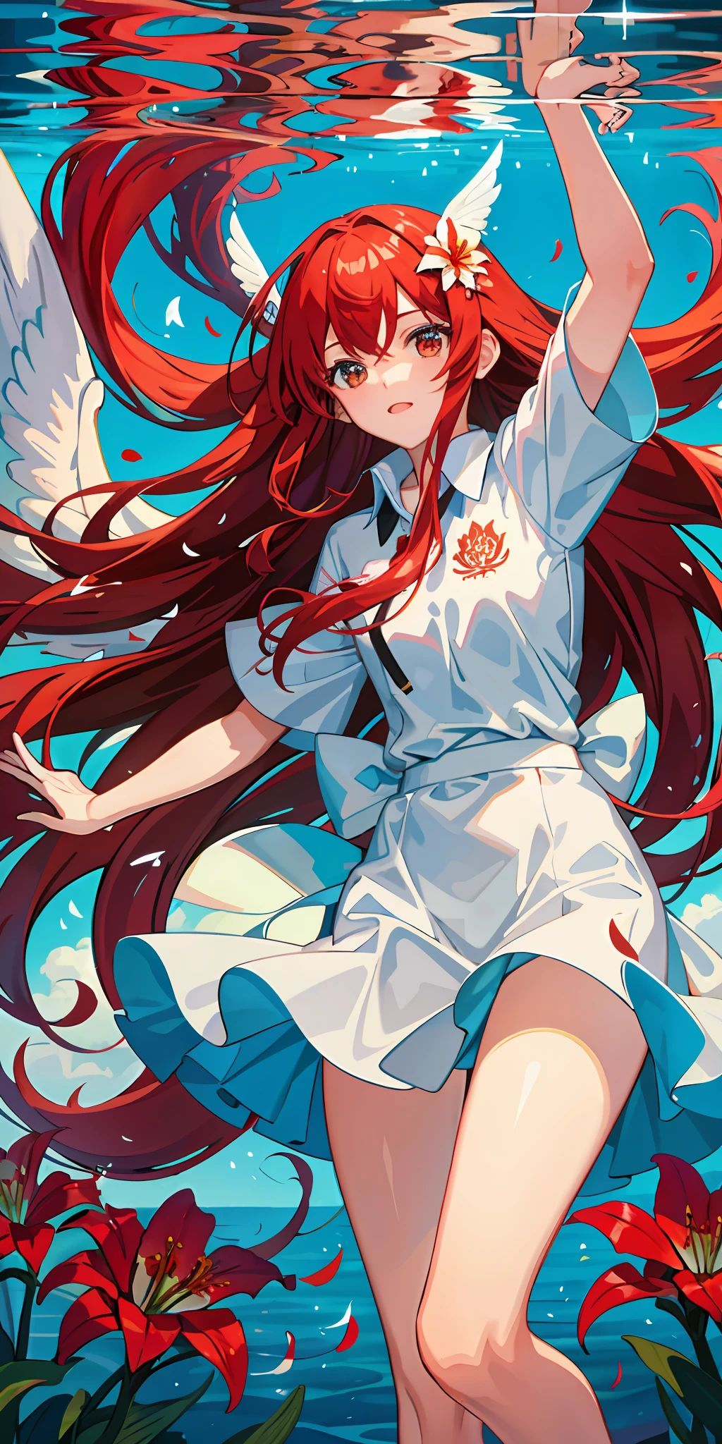 girl underwater, long red flowing hair, angel wings, lily flowers