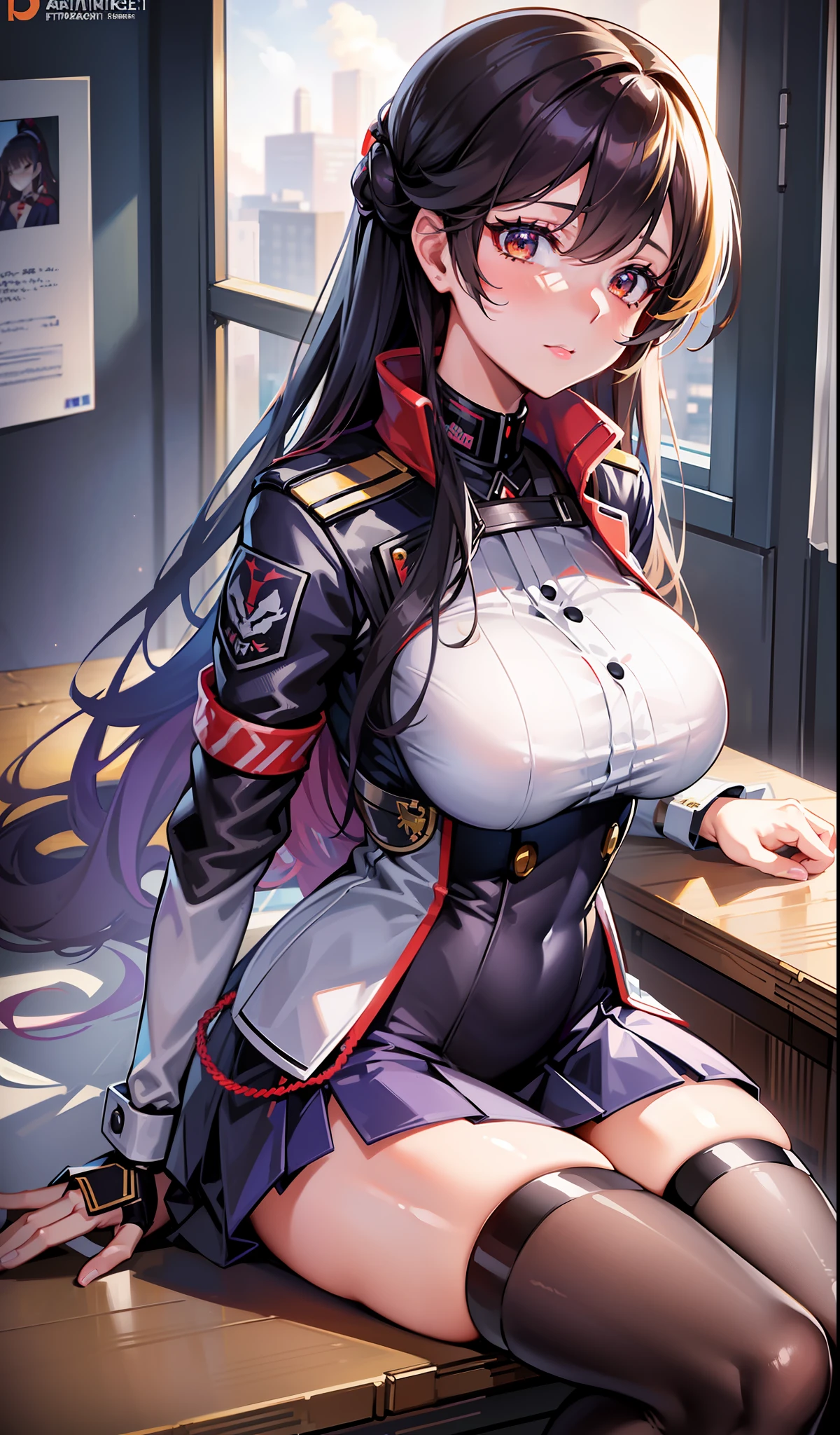 a close up of a woman in a uniform sitting on a desk, seductive anime girl, extremely detailed artgerm, marin kitagawa fanart, beautiful alluring anime woman, 8k high quality detailed art, misato katsuragi, from girls frontline, attractive anime girl, fine details. girls frontline, smooth anime cg art, detailed anime artwork