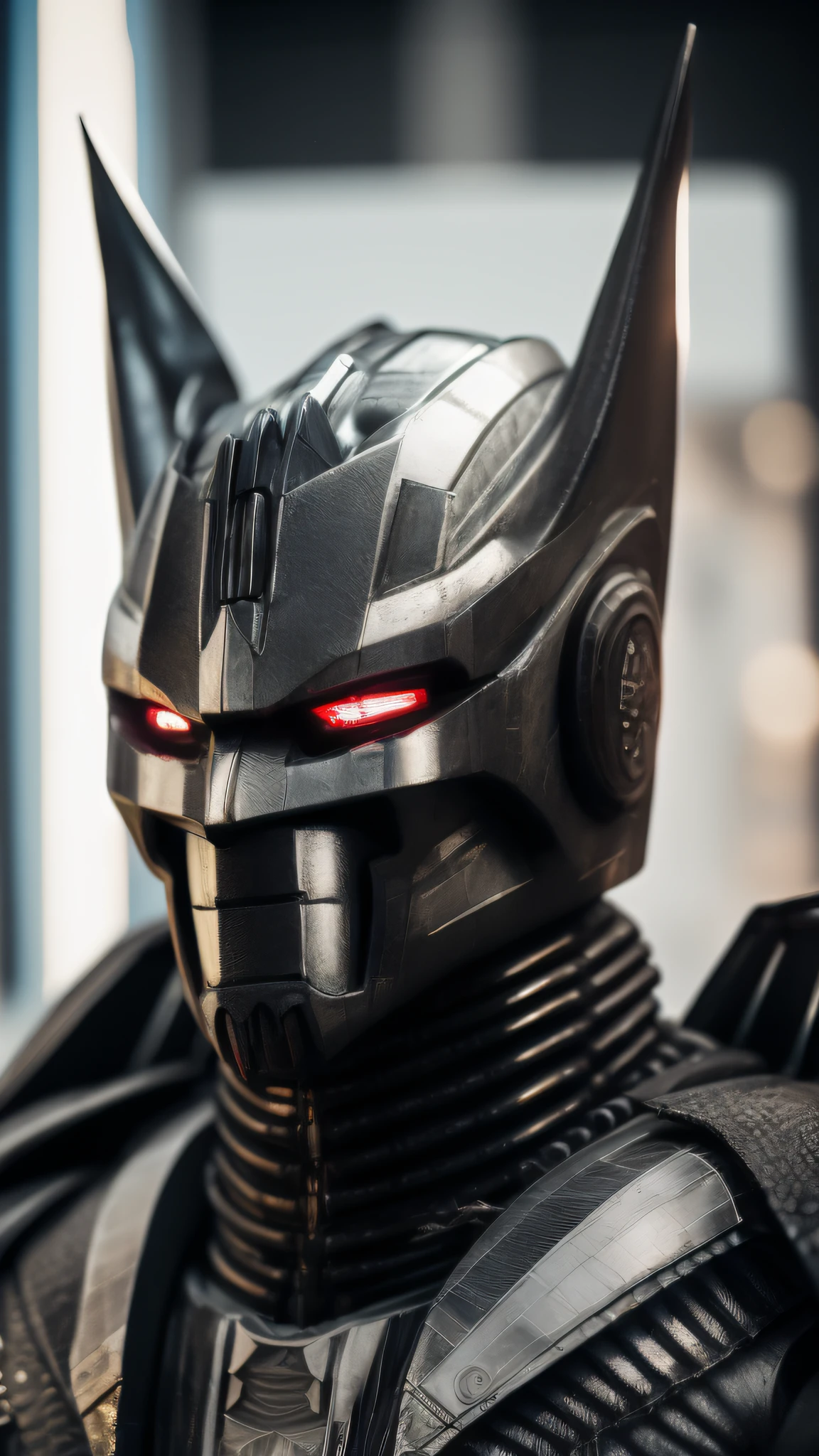 . Transformers, in the style of batman and hr giger, photo realistic, ultra details, natural light, light background, photo, Studio lighting cinematic shot + dynamic composition, incredibly detailed, sharpen, details + intricate detail + professional lighting, film lighting + 35mm + anamorphic + lightroom + cinematography + bokeh + lens flare + film grain