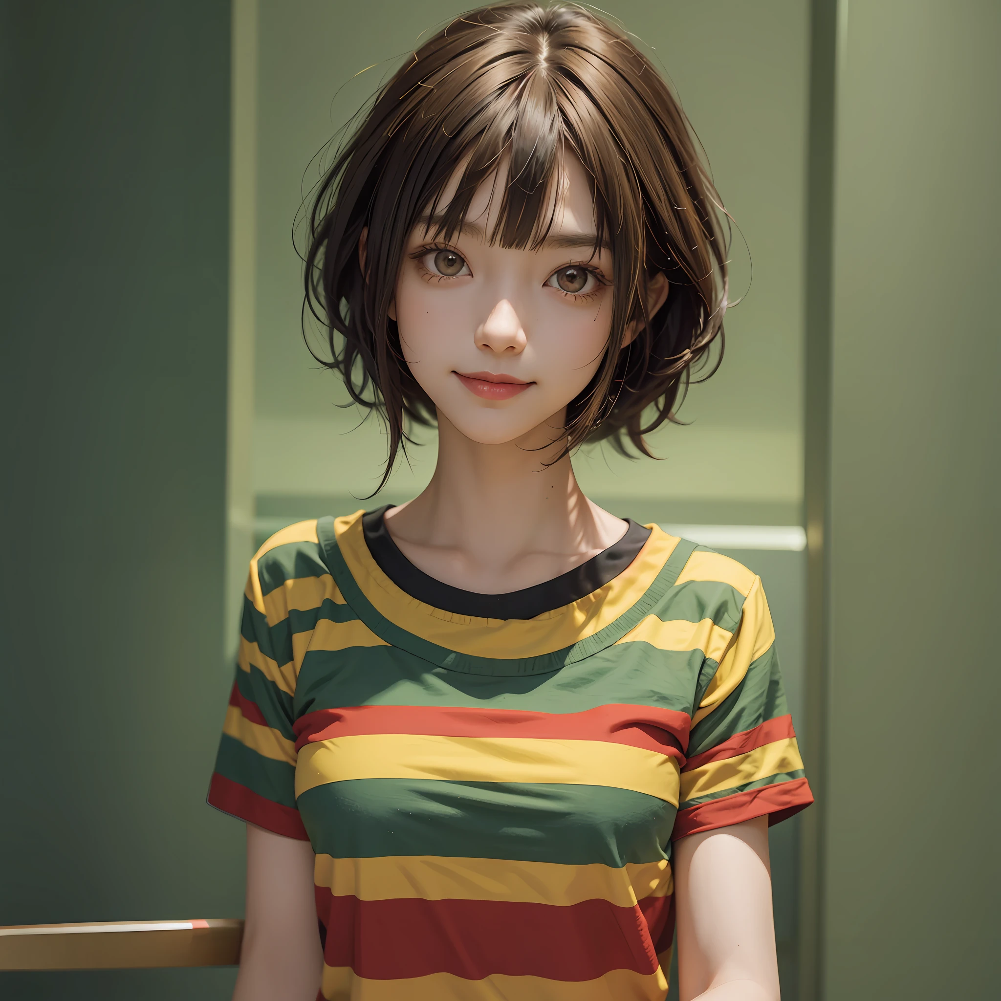 Red eyes, girl, holding a knife, yellow-green striped shirt with thicker stripes, red eyes, head tilted, short brown hair mushroom head, obvious smile on the face, Chara, two-dimensional