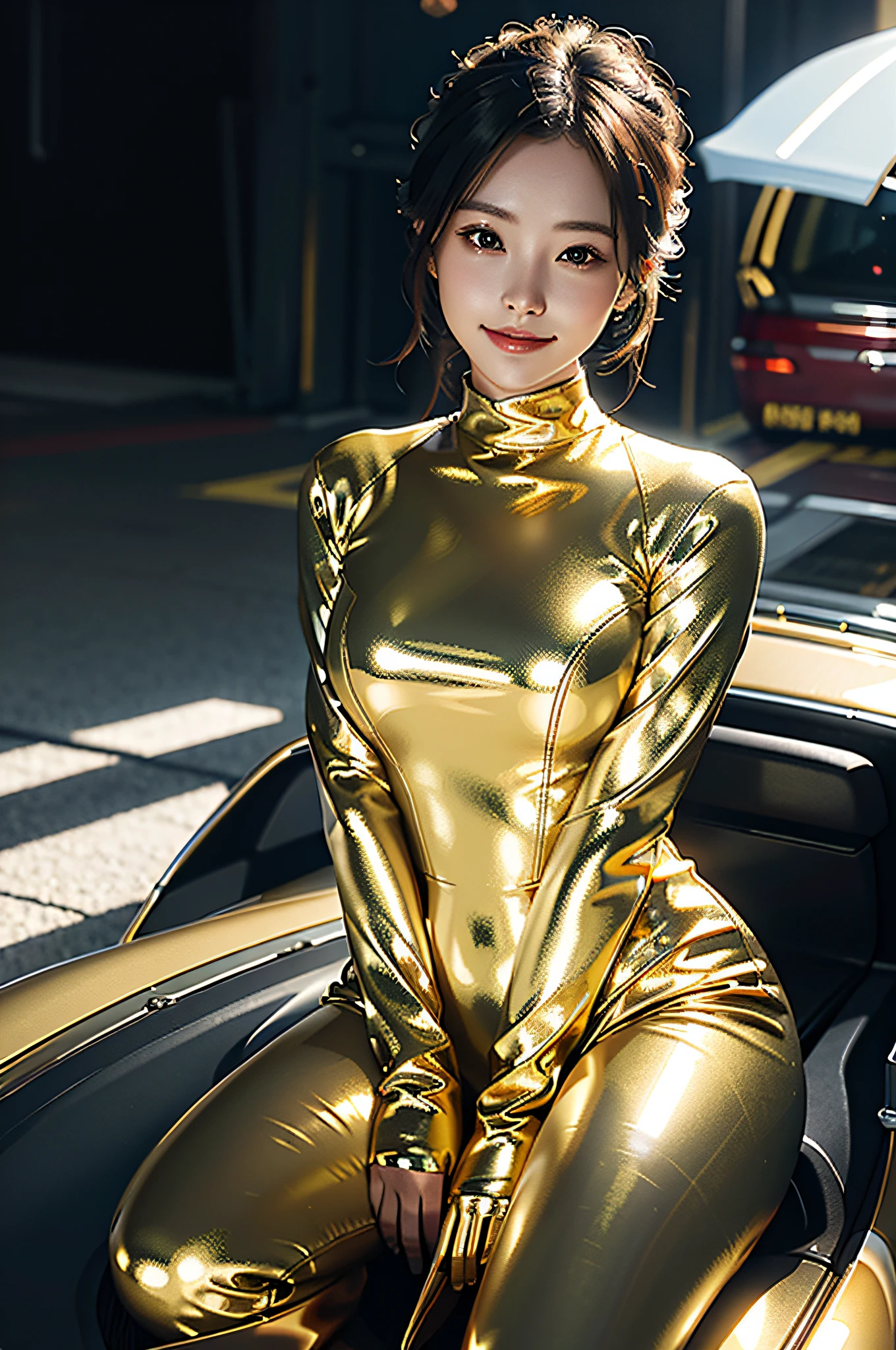 (8K, RAW photo, top quality, masterpiece: 1.2), (realistic, photorealistic: 1.4), cute, Japan girl, delicate and beautiful face, professional lighting, photon mapping, radiosity, physically based rendering, costume covering full body, shiny outfit, rubber, golden tight suit, beautiful woman with perfect figure: 1.4, sexy, Watch viewer, CG wallpaper, blurred night view background, clear background, medium breasts, golden gloves, full body, golden long boots, leaning forward astride vehicle, light smile