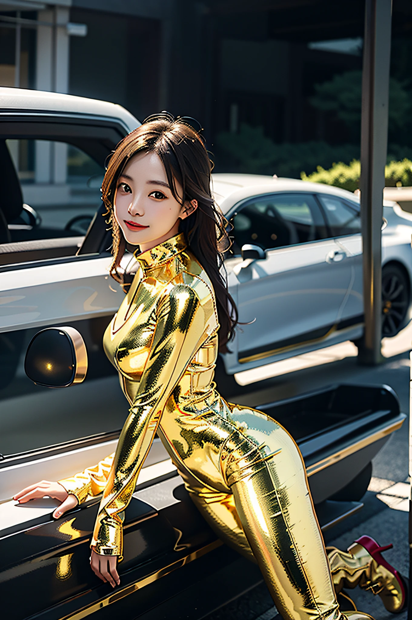 (8K, RAW photo, top quality, masterpiece: 1.2), (realistic, photorealistic: 1.4), cute, Japan girl, delicate and beautiful face, professional lighting, photon mapping, radiosity, physically based rendering, costume covering full body, shiny outfit, rubber, golden tight suit, beautiful woman with perfect figure: 1.4, sexy, Watch viewer, CG wallpaper, blurred night view background, clear background, medium breasts, golden gloves, full body, golden long boots, leaning forward astride vehicle, light smile