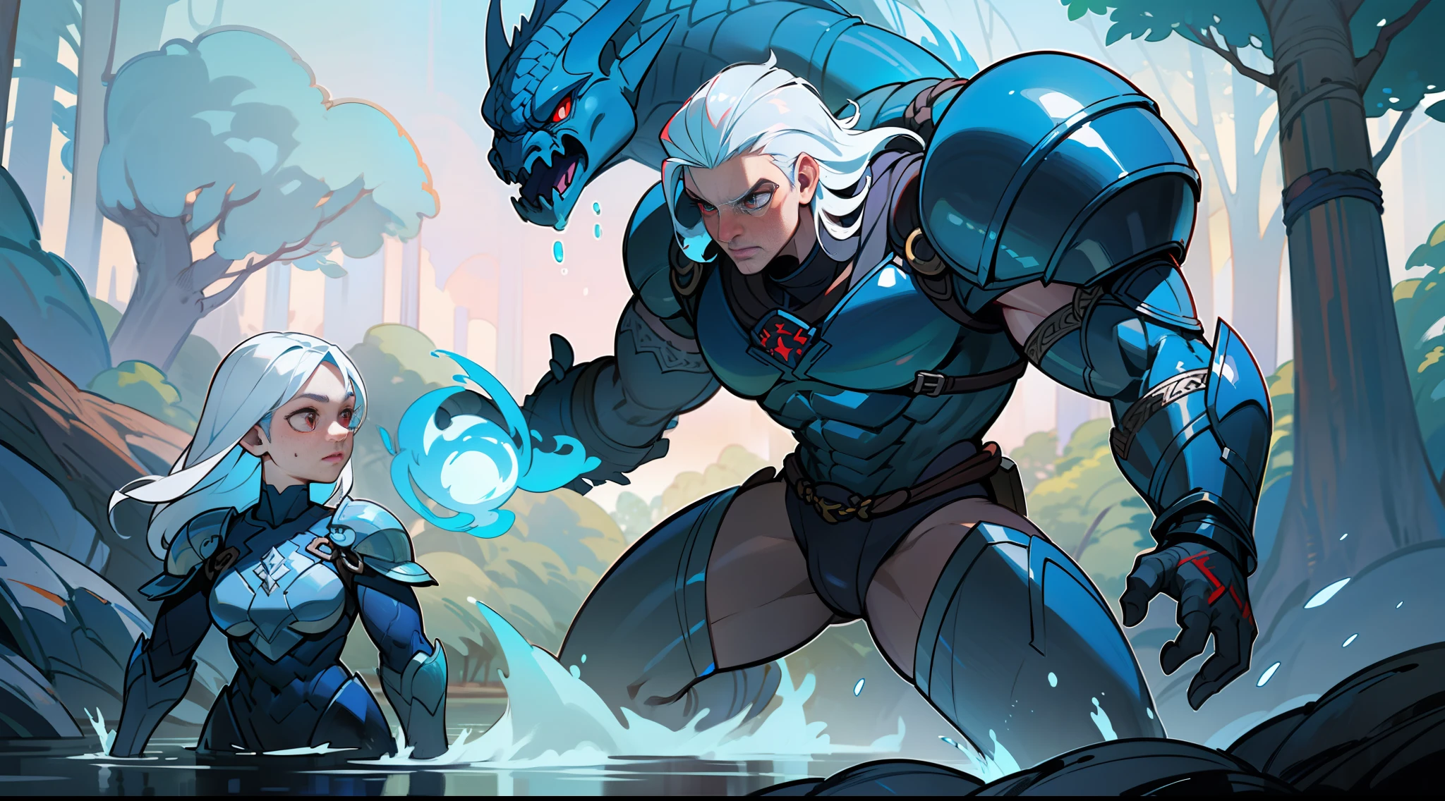 a muscular mythological being extremely strong, blue scaly translucent skin, red eyes, long white hair,wearing water armor, powerful, able to control nature, around which trees emerging impacting the ground with magic, unreal engine 5, keyshot, octane, artstation trending, ultra high detail, ultra realistic, cinematic,16k