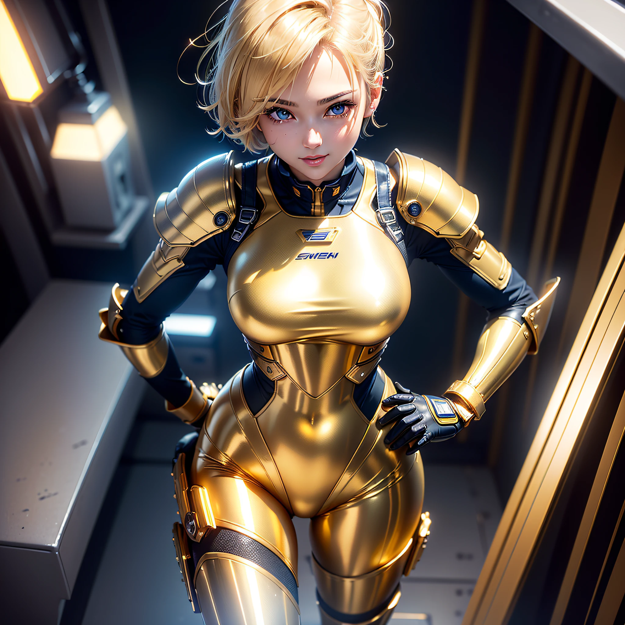 (Masterpiece, highest quality, highest resolution, distinct_image, very elaborate CG, cinematic lighting, ray tracing, drop shadows, detailed detail, (photorealistic: 1.4), high quality textures, fine-grained, realistic face expression): (single girl, face is Japan, blonde girl, short hair, small size breasts, Detailed Gundam cockpit with sparkly blue colored eyes, eye level shots, metallic gold colored flight suits, tight fitting clothes, full-body covering clothes, light smile, beauty, slim body, exoskeleton, heroine, headset, long boots, gloves, solo ride)