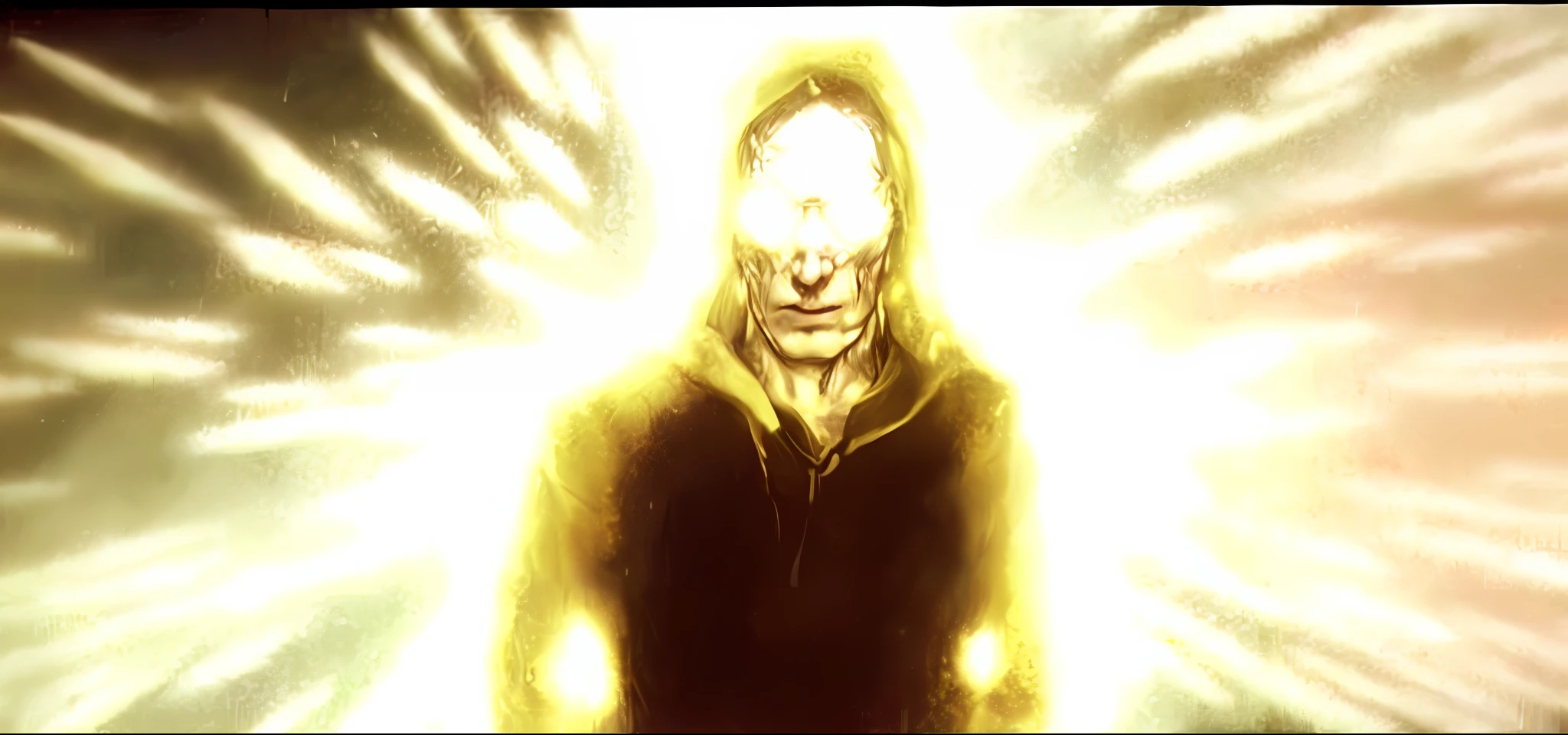 arafed image of a man with a hoodie and a hoodie on, tim bradstreet, inspired by Ben Templesmith, glowing angelic being, glowing yellow face, dmt ego death, by Ben Templesmith, alternate album cover, eerie spiritual grainy, the tall man from phantasm, light falling on face, johan liebert mixed with alucard, christopher shy