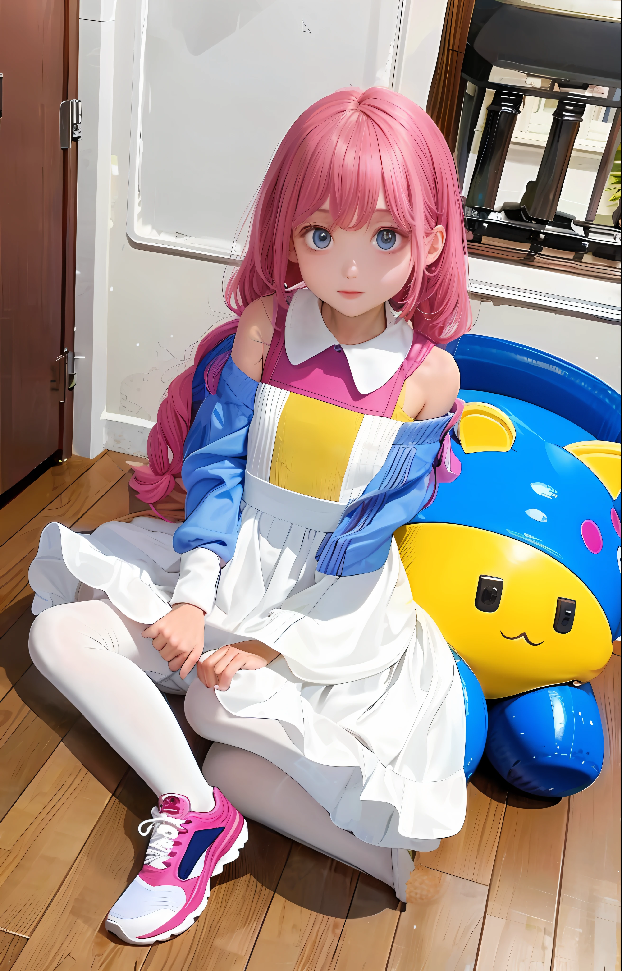 Girl child long hair pink up to foot, dark strong blue eye, navy blue short dress turtleneck and long sleeve,white pantyhose,yellow shoe/sneaker,childish body,skinny white skin, floating,small pink lips, pink cheeks, small pink nose, white gloves,flowing short dress,Cute Beauty with Perfect Figure,highly detailed facial and skin texture, Detailed eyes