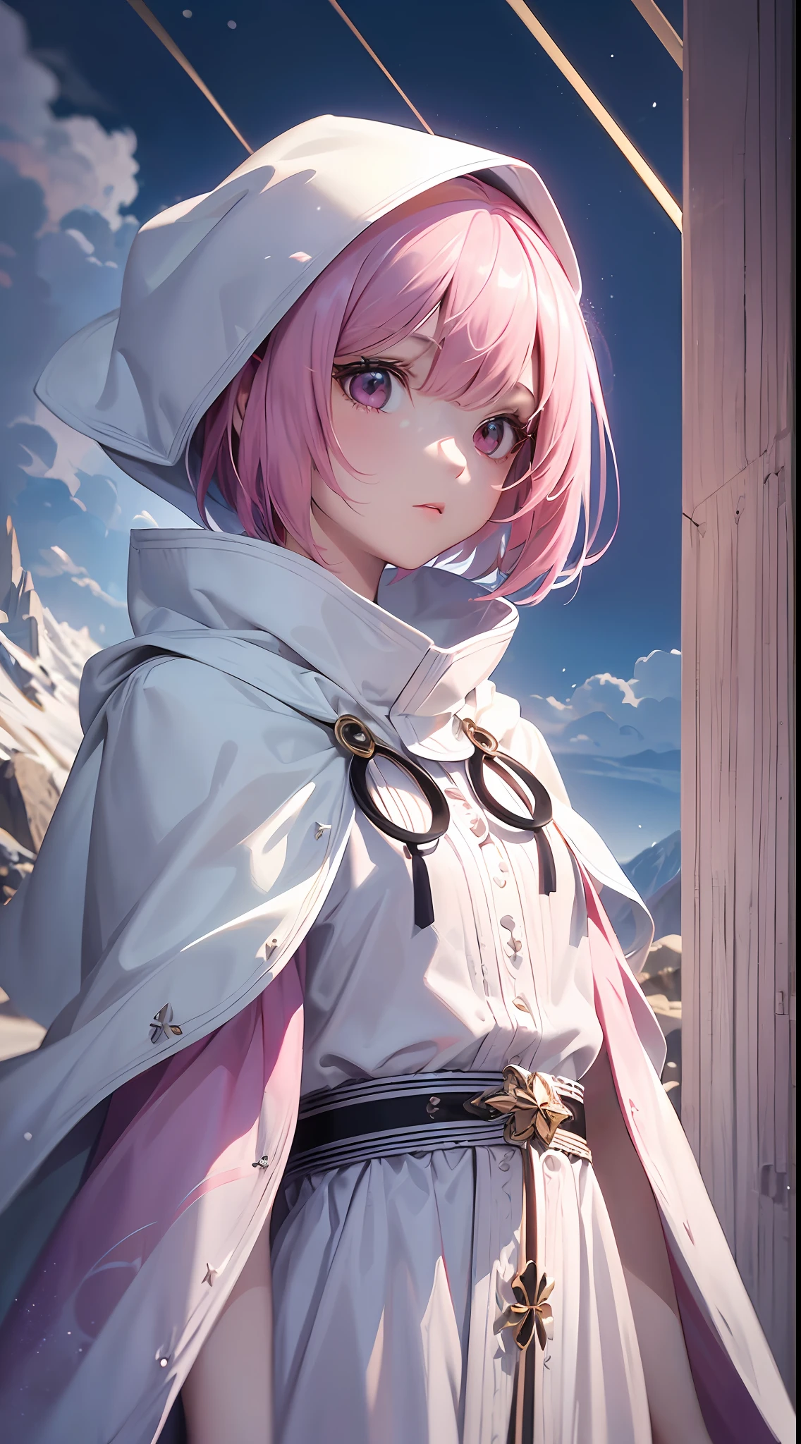 (Super Top-notch Masterpiece), (Ultra Detailed), (Best Quality), (High Resolution), (Floating Feeling), (Dynamic Angle), (One Girl), (Pink Bob Cut), (White Cloak), (Hide Skin), (Height: 158cm), (High Mountain Background) --auto --s2