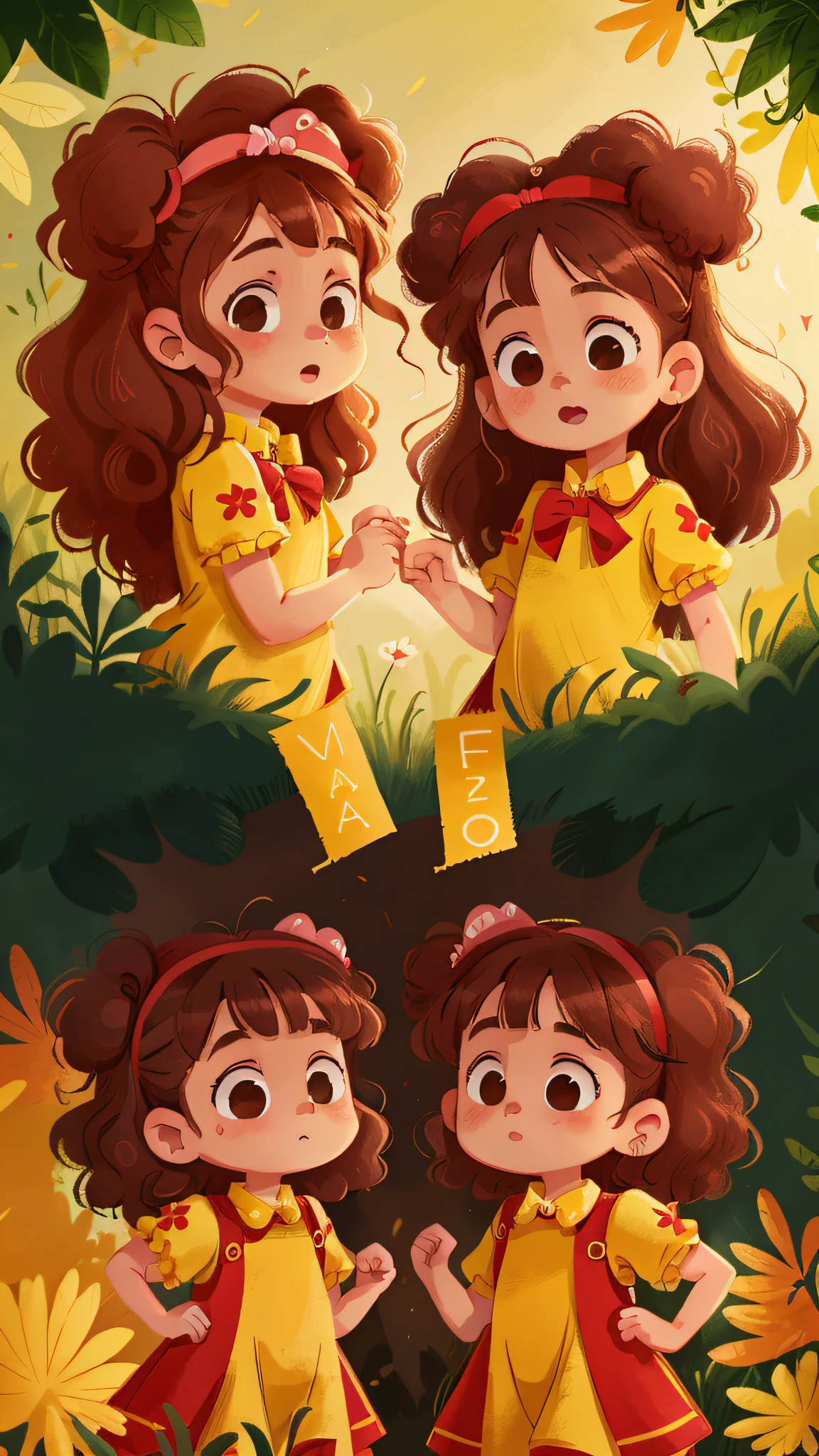 Two girls, twins, curly brown hair, costume party