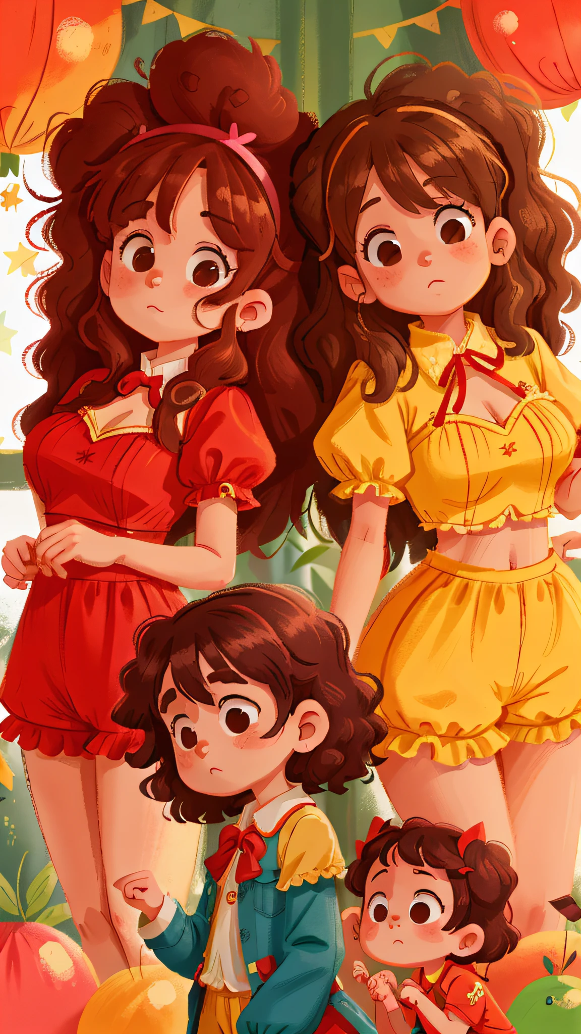 Two girls, twins, curly brown hair, costume party