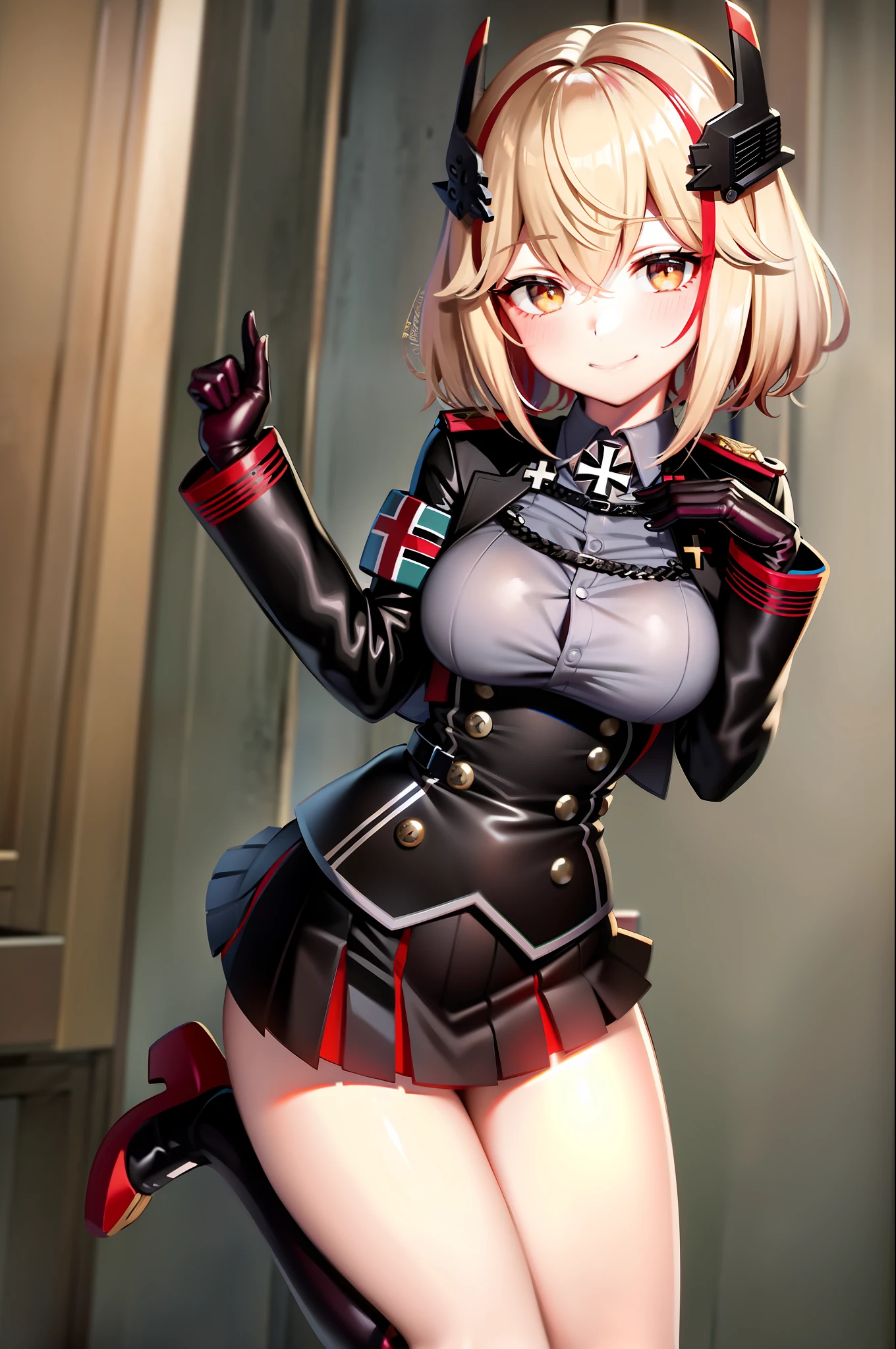 masterpiece, best quality, RoonV4, 1girl, solo, looking at viewer, smile, skirt, shirt, gloves, long sleeves, closed mouth, standing, jacket, upperbody, sidelocks, pleated skirt, boots, black gloves, collared shirt, miniskirt, black skirt, black footwear, black jacket, buttons, headgear, knee boots, cross, armband, grey shirt, cropped jacket, iron cross,