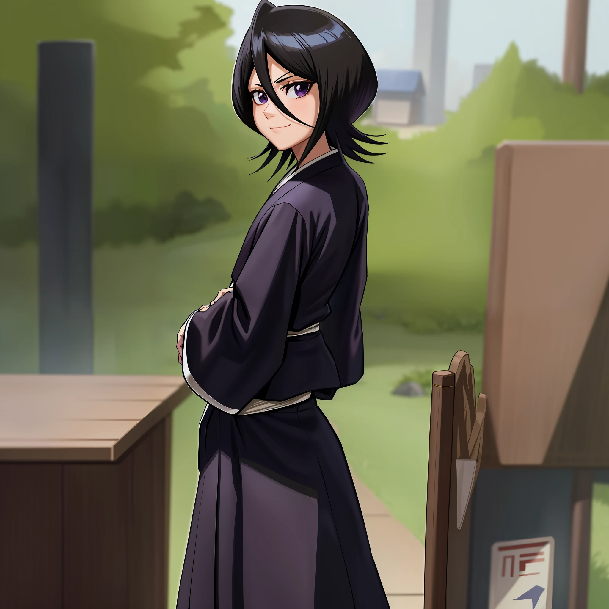 anime screencap, forest,path,
1girl, solo, short hair, black hair, purple eyes, japanese clothes, looking at viewer, black kimono, hair between eyes, cowboy shot, wide sleeves, hakama pants,white_sash,from behind,closed mouth, smirk,walking,looking back,
