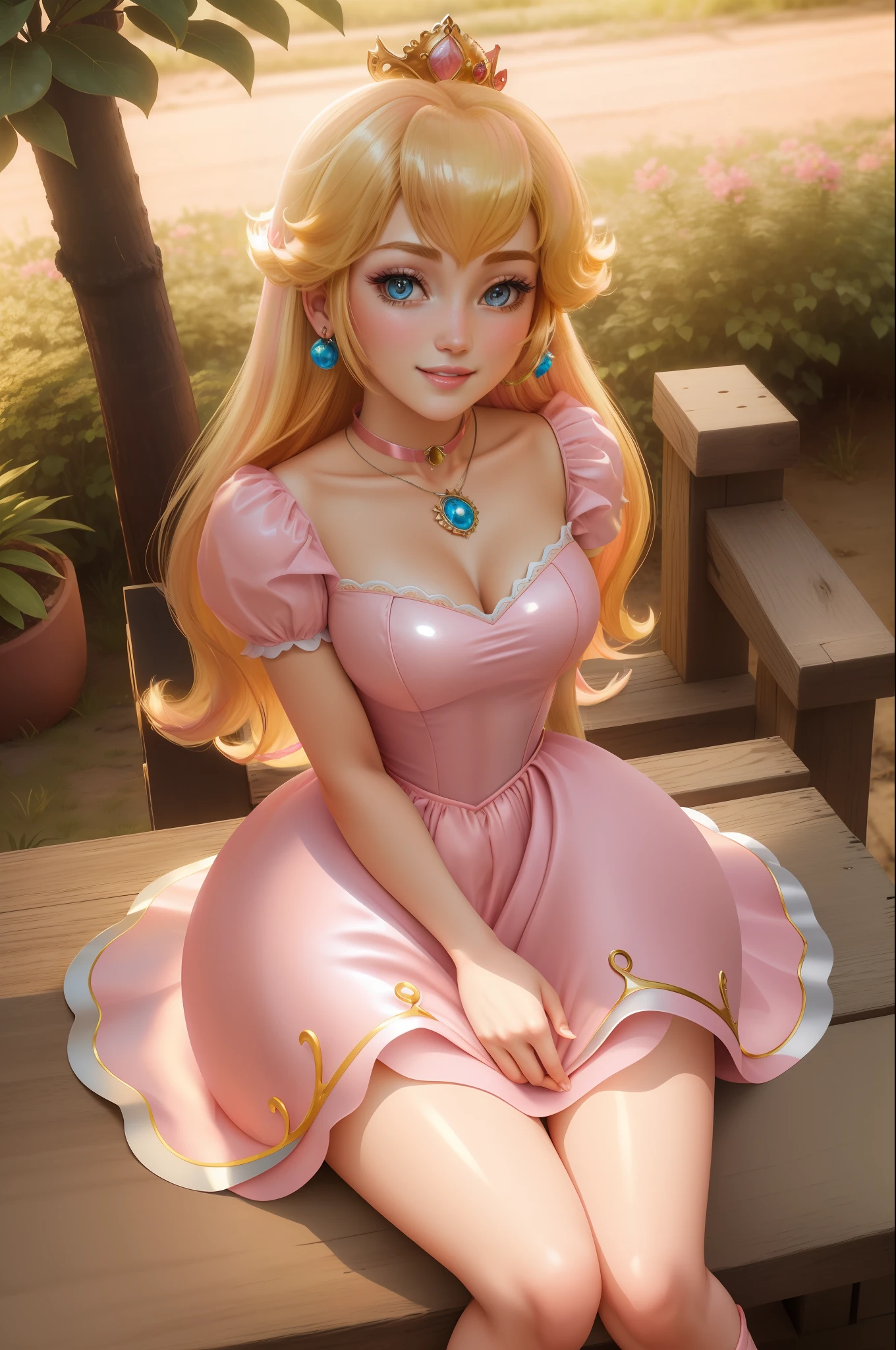 Highres, Masterpiece, Perfect Lighting, Blossom, Cinematic Lighting, Adult, Perfect Skin, Female, ((Cowboy Shot)), Wide-legged Sitting Forward Bend, Smile, Narrow Waist, Skinny, (Princess Peach), (Princess Peach), (Pink Dress:1.6), Collar, Detailed Eyes, Blue Eyes, Necklace, Sensual, Secret Garden, Pink Lips, ((Shiny Lips)), Pumps, Shiny Skin, Oily Skin, Beautiful Light, (Tag:1.3), Bright, Hypnotized, Bunnysuit