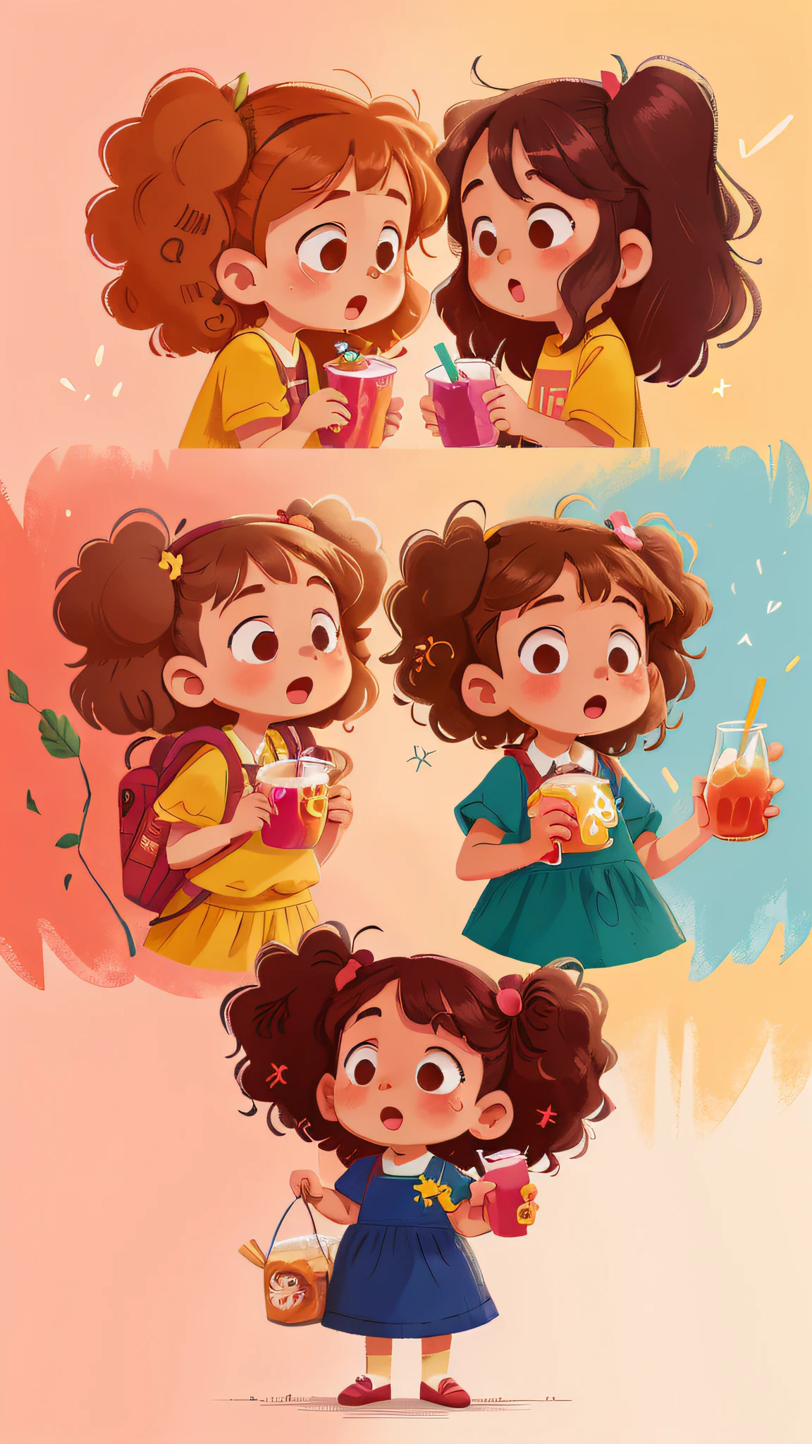 Two girls, twins, curly brown hair, drinking juice
