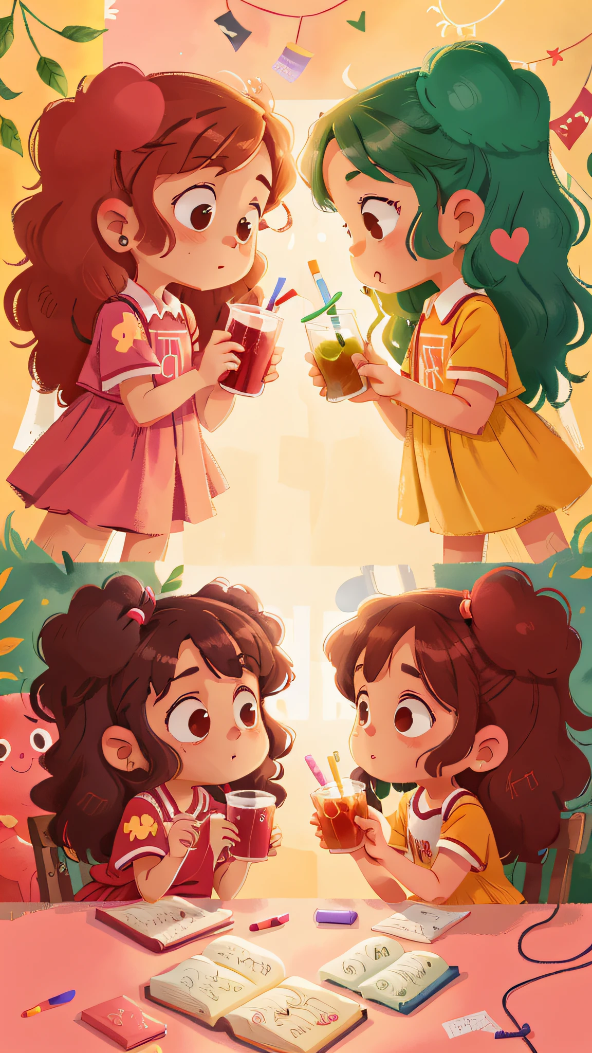 Two girls, twins, curly brown hair, drinking juice
