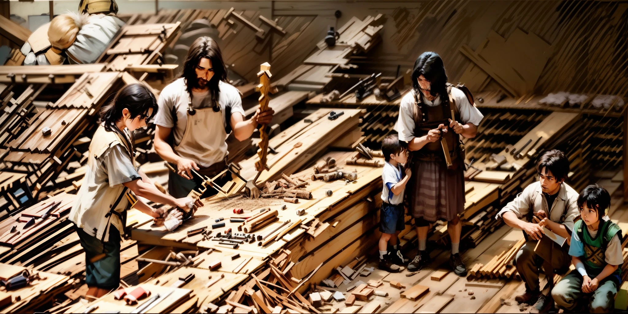 father teaches teenage son in carpentry, mother and children, first century, Jewish family, family of Jesus,