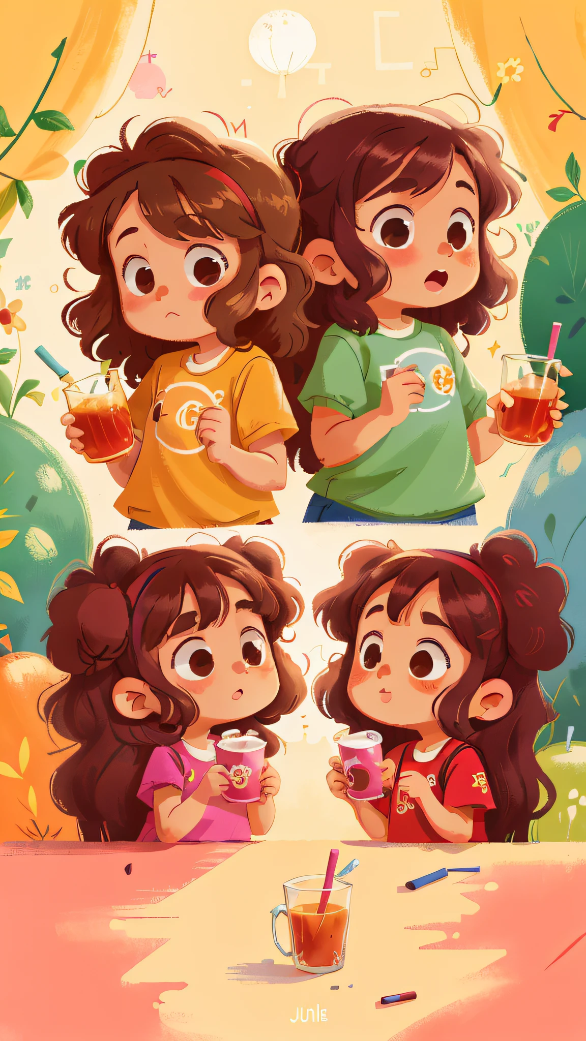 Two girls, twins, curly brown hair, drinking juice