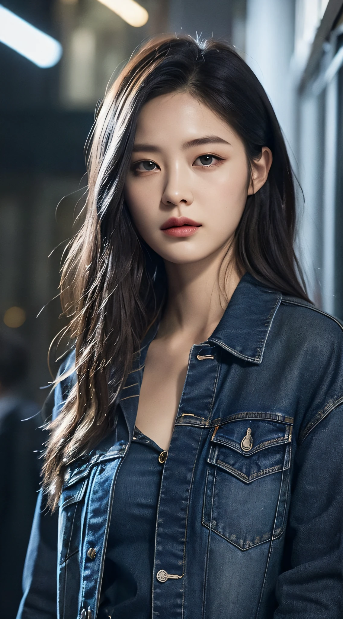 Surrealist female portrait, photorealism, dynamic lighting, poster, volumetric lighting, very detailed faces, 4k, award-winning, 1girl, in the dark, deep shadows, low-key, denim photos, (formal wear: 1.4), long hair, gray hair,