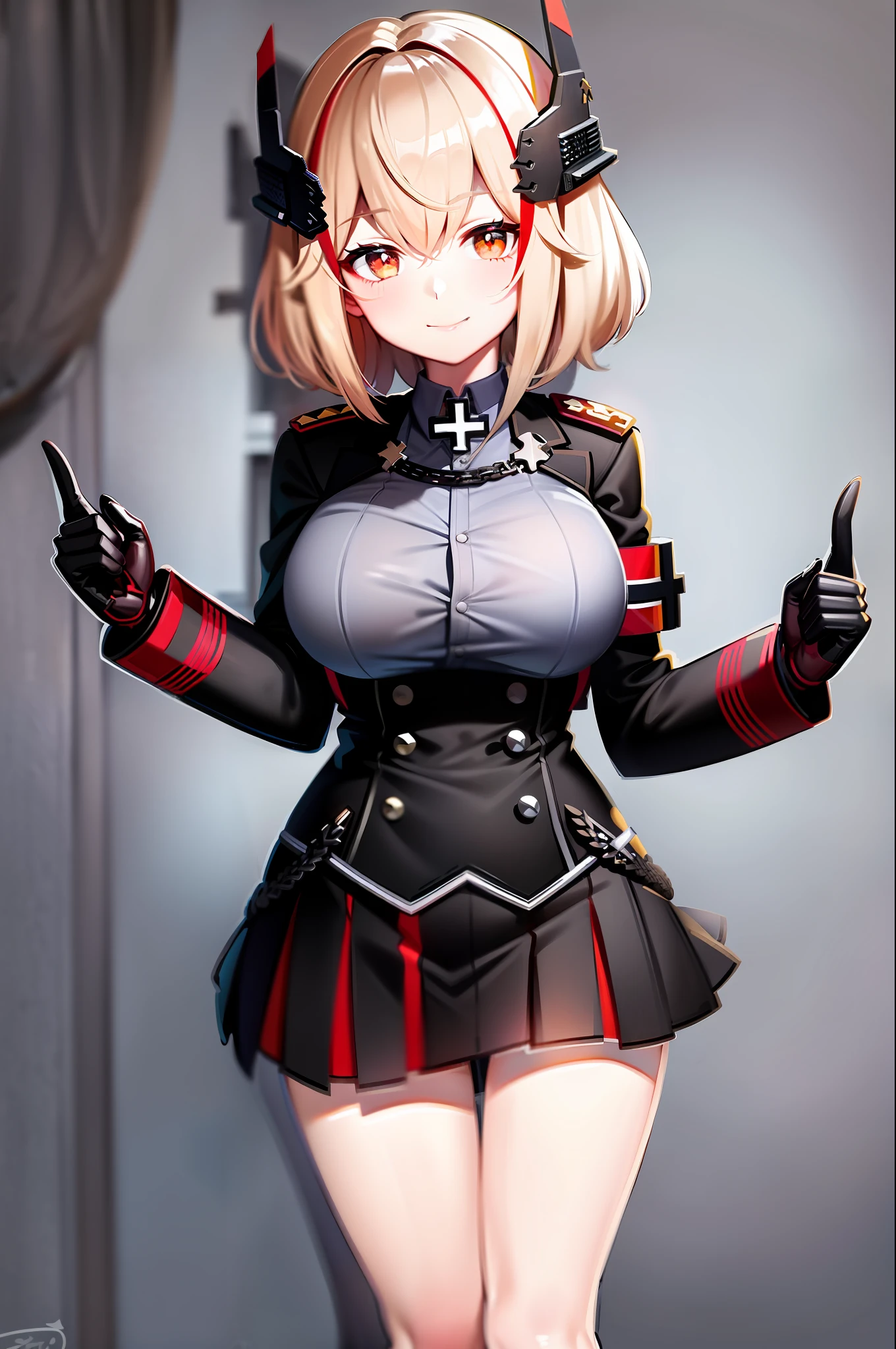 masterpiece, best quality, RoonV4, 1girl, solo, looking at viewer, smile, skirt, shirt, gloves, long sleeves, closed mouth, standing, jacket, upperbody, sidelocks, pleated skirt, boots, black gloves, collared shirt, miniskirt, black skirt, black footwear, black jacket, buttons, headgear, knee boots, cross, armband, grey shirt, cropped jacket, iron cross,