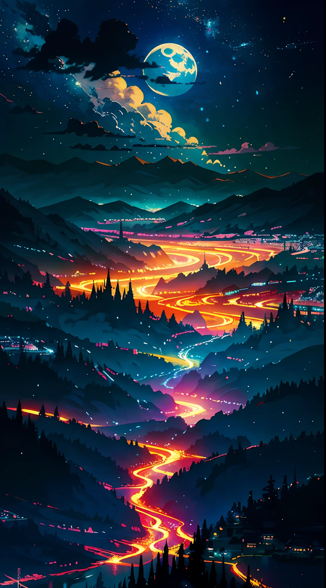A painting of the river and the stars and the moon in the sky, with bright colors, by Makoto Shinkai. Concept art inspired by Tosa Mitsuoki, pixiv contest winner, best quality, fantasy art, beautiful anime scenes, golden moon. A bright moon, starry sky environment under the moonlight, dream painting, anime background art, fantasy landscape art, dreamy night, anime background, background artwork, dreamy art, atmospheric anime, starry sky, details enhanced.