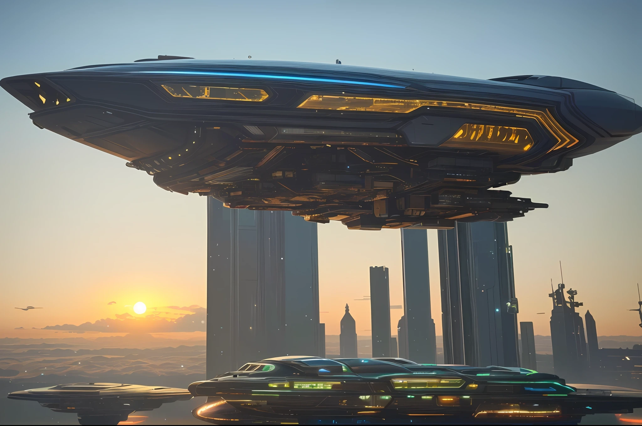 Spaceship flying over city in space station, planets in background, highly Arstation and Beeple, futuristic spaceport, space opera and dystopian style, realistic realistic city in the distance, epic beautiful space sci-fi, photos of futuristic cityscape, futuristic city in background, sci-fi space game art, futuristic, space colony, masterpiece, epic, majestic, best quality, very high resolution, 8k, HDR, digital photography, clear beautiful, iridescent, transparent , translucent, reflection, refraction, diffraction, caustic, volumetric light, volumetric shadow, (very detailed and refined: 1.2), (very delicate and beautiful: 1.2), partial backlight, (lighting outside the sunset frame and nearby lighting: 1.3), (realistic lighting: 1.2), (dynamic color from lighting: 1.2), (complex details: 1.3), ultra-detailed, surreal, (sharp focus: 1.2), (SFW: 1.2),