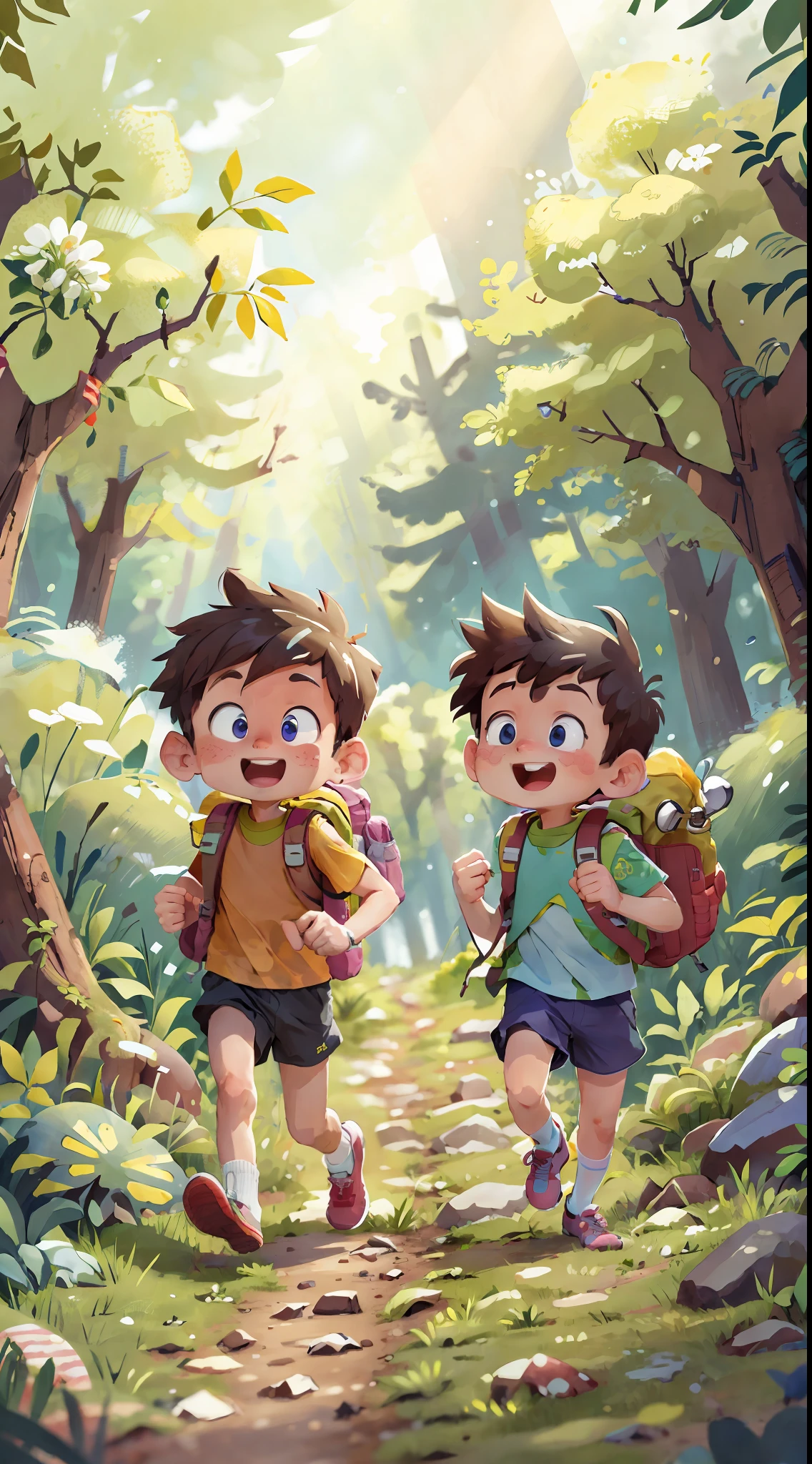 (SFW), two running boys, spring outing, happy, backpack on back, little car toy in hand, forest in the background, perfect quality, clear focus, colorful, perfect face, intricate details, ultra-low viewing angle, wide angle lens