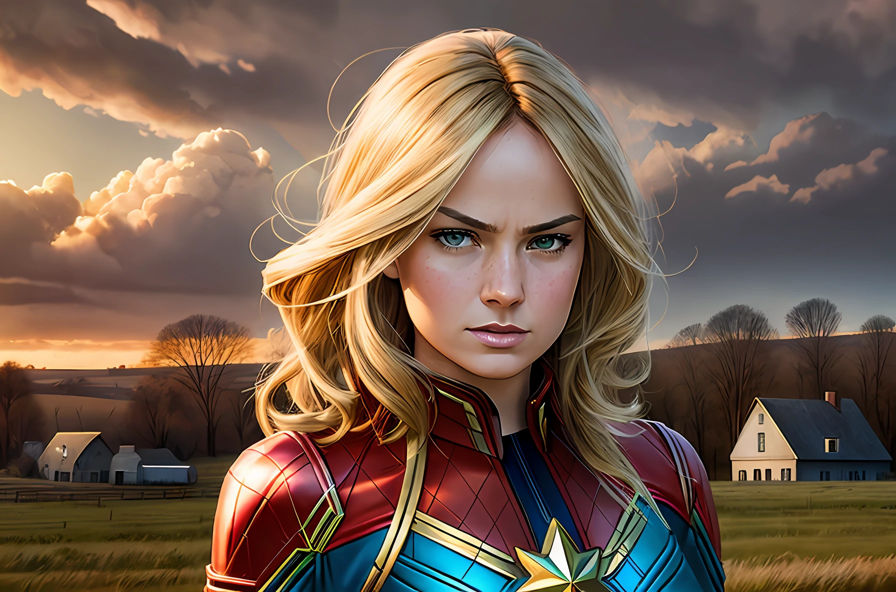 Captain Marvel wearing a brown leather jacket with long sleeves on top of her suit. family farm in the background. Luis Royo, Beksinski style, Ellen Jewett. aT dawn. Renaissance art. full lips, apple shaped face, long blond hair, punk hairstyle. slim, athletic. realism, whimsical, various posed. Natural lighting, cinematic, wide shot --auto --s2