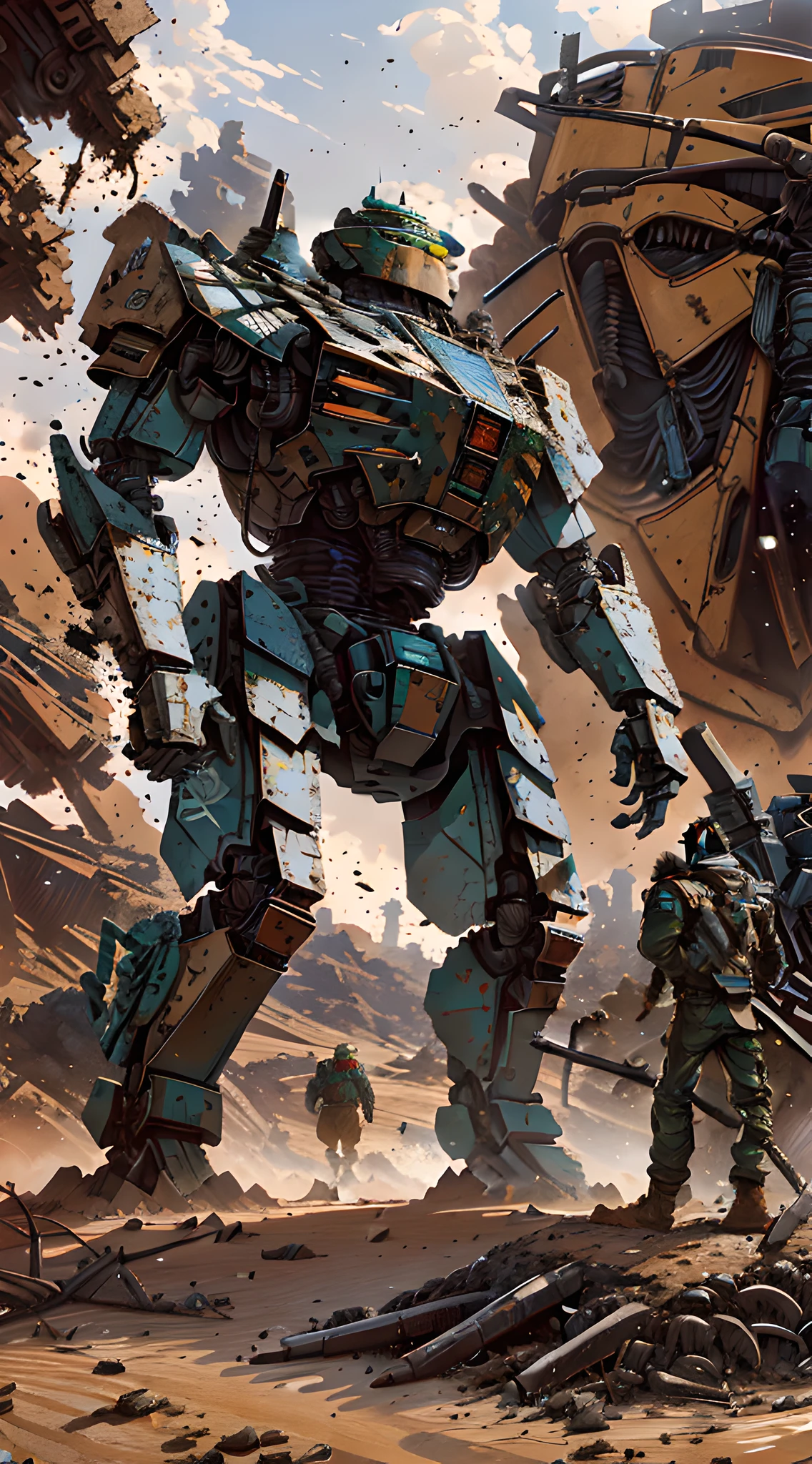 there is a robot that is standing in the dirt, painterly humanoid mecha, giant mech, alexandre ferra mecha, portrait of a mech, wojtek fus, full body mech, mech, mech body, big mecha, mega humanoid mech, battlemech, by Craig Mullins, mecha inspired, pacific-rim-mech in background