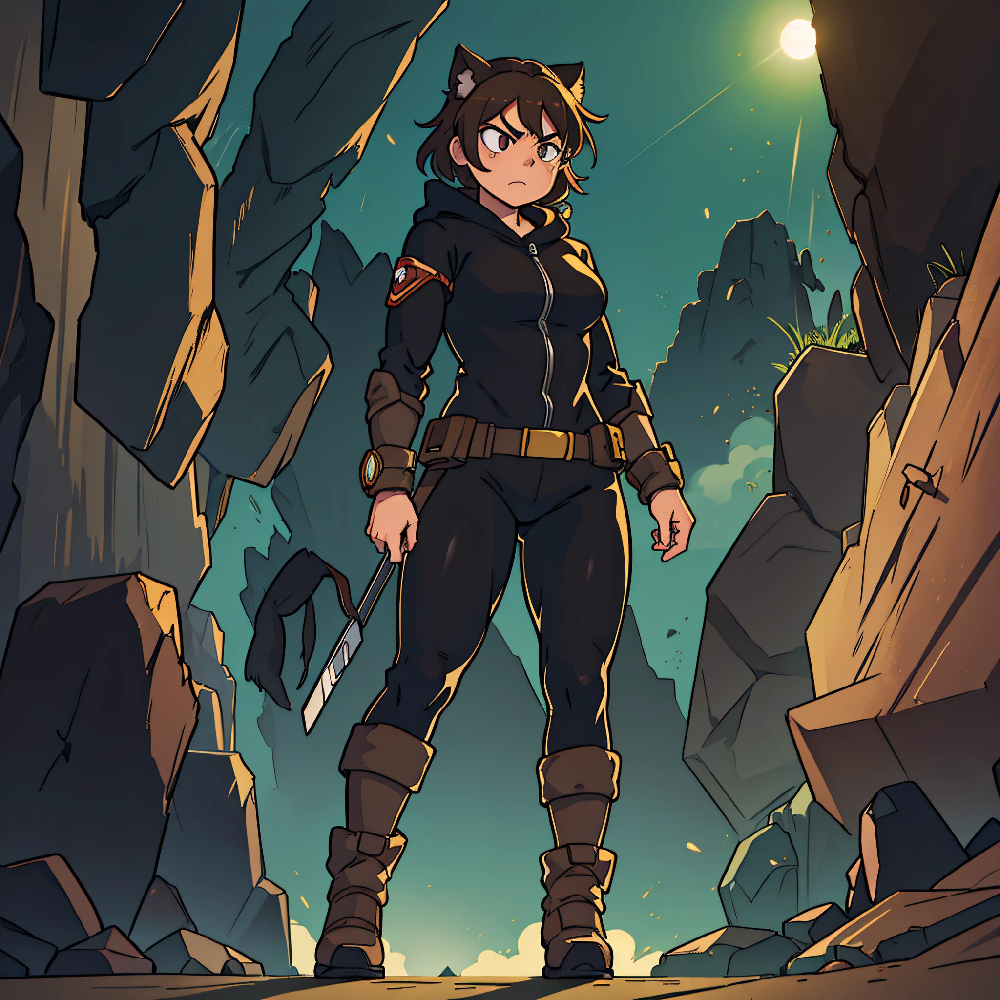 A female super hero with earth powers, very tired, angry and sporting dark visible eye bags is shown in a full body shot in a fluffy brown and black dog onesie. The hero is tall with mid 20s legs, slightly chubby and is controlling rocks.