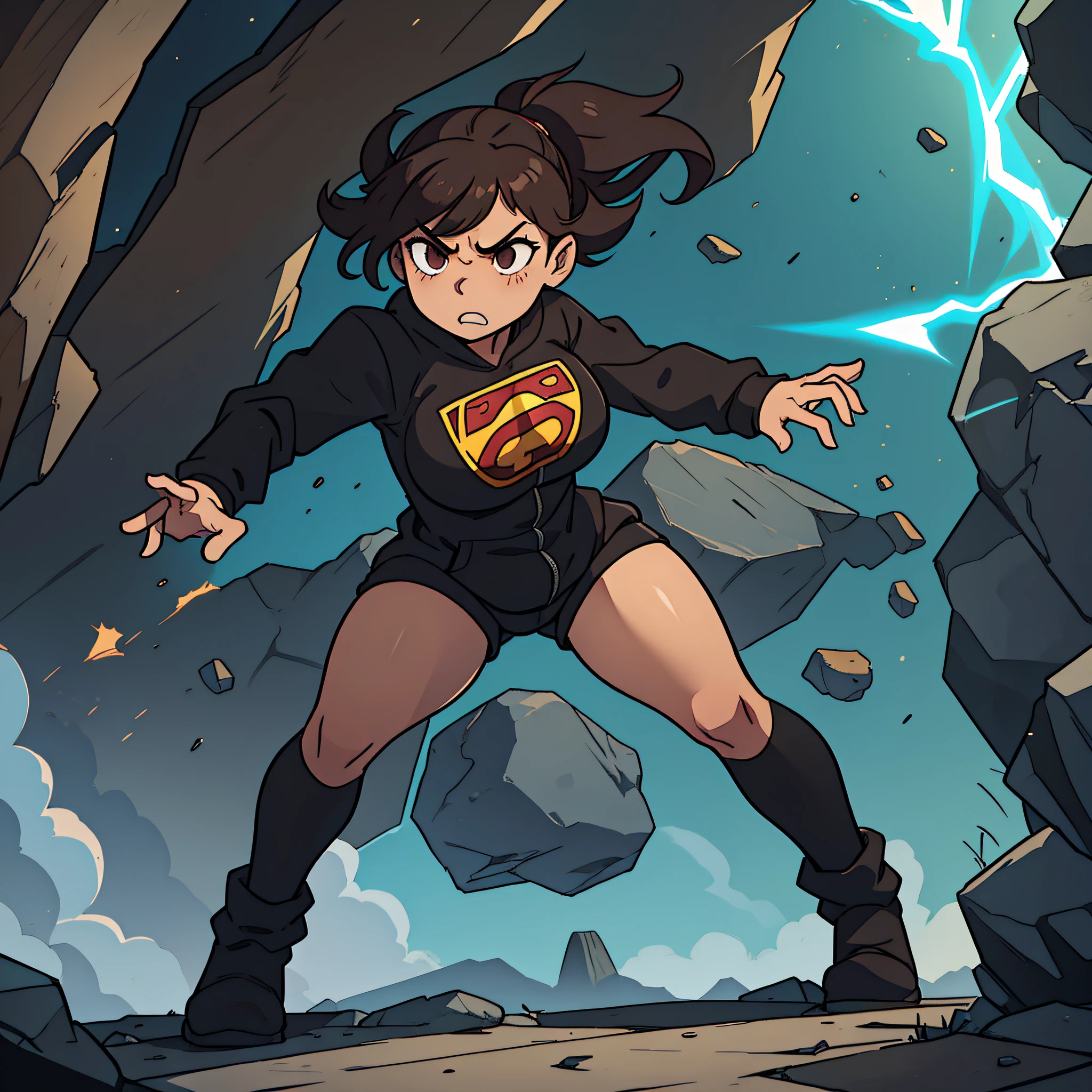 A female super hero with earth powers, very tired, angry and sporting dark visible eye bags is shown in a full body shot in a fluffy brown and black dog onesie. The hero is tall with mid 20s legs, slightly chubby and is controlling rocks.