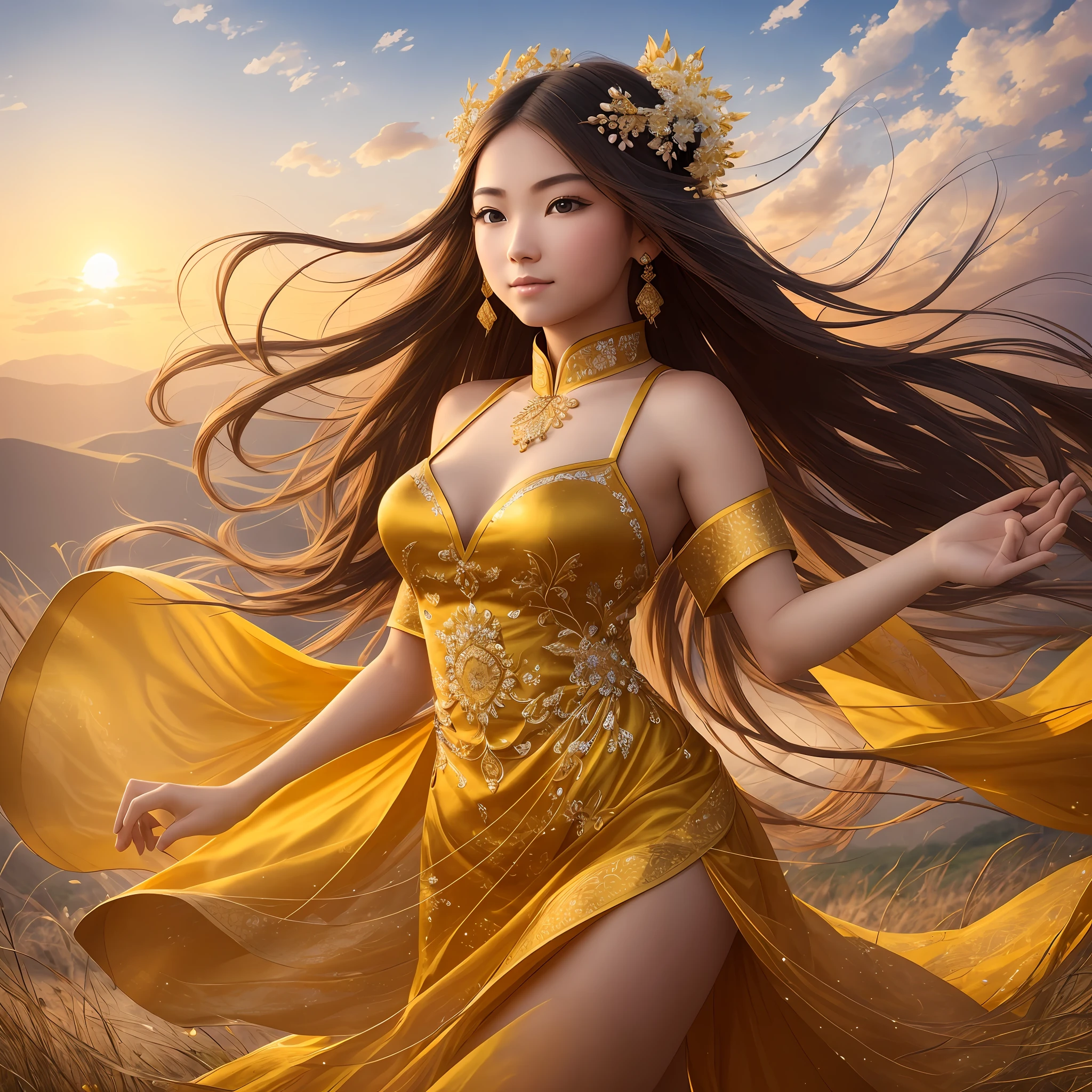 a beautiful young woman standing in a vast field, dressed in a flowing, vibrant ancient Chinese dress. The sun is setting, casting a warm golden glow across the landscape. As she runs through the field, her dress flows behind her like a stream of water, and her hair dances in the wind. Her movements are graceful and fluid, like a dancer. She is surrounded by a sense of wonder and magic as she explores the world around her. Her eyes sparkle with curiosity and her mind is full of endless possibilities. --auto --s2