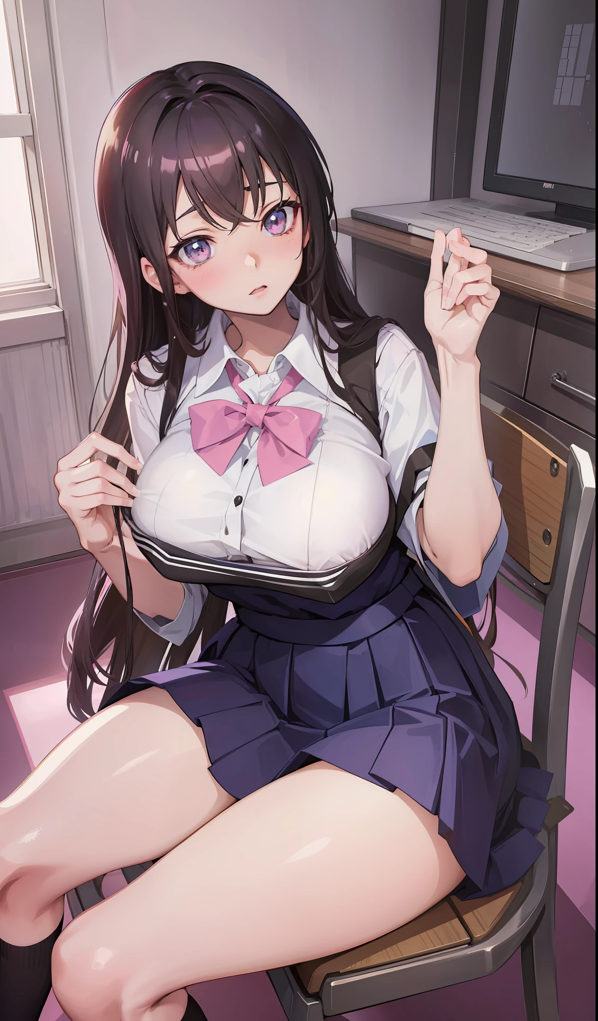 anime girl sitting on a chair with a big breast, seductive anime girl, beautiful anime high school girl, a hyperrealistic schoolgirl, hyperrealistic schoolgirl, attractive anime girl, realistic schoolgirl, anime girls, anime best girl, anime girl, beautiful anime girl, an anime girl, cute anime girl, pretty anime girl, beautiful alluring anime woman