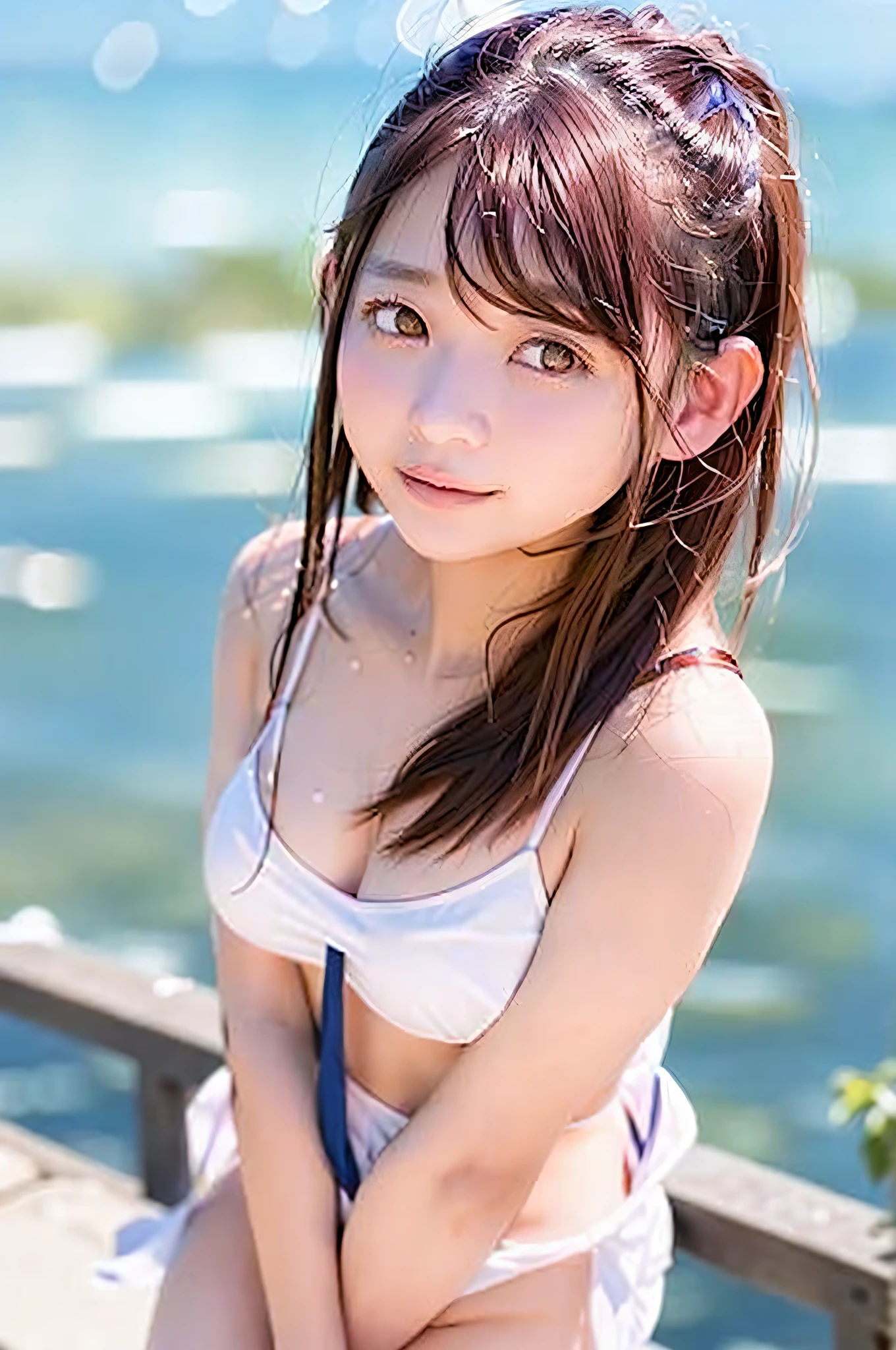 Japan person, Azusa, (skin spots:1), Black eyes, 1 female, 25 years old, ((((Female)))), Solo, Real, Best Quality, Photorealism, Masterpiece, 8K, High Resolution, Solo, Very Detailed Face, (Professional Lighting, Bokeh), (Light Particle, Lens Flare, Luminous Particle: 0.6), (Dynamic Pause: 1.2), Soft Lighting, Top Angle View, fashionable and trendy, Japan, street, Tokyo, city, (daytime)), ((view viewer)), (look at camera),(portrait:0.6), cowboy shot, gorgeous, standing, keep original facial proportions, wide shoulders, full body, (medium breasted), (medium hair), brown hair, floating hair, lips, lipstick, seductive smile, floating hair, smile, ( T-shirt), (bottomless),