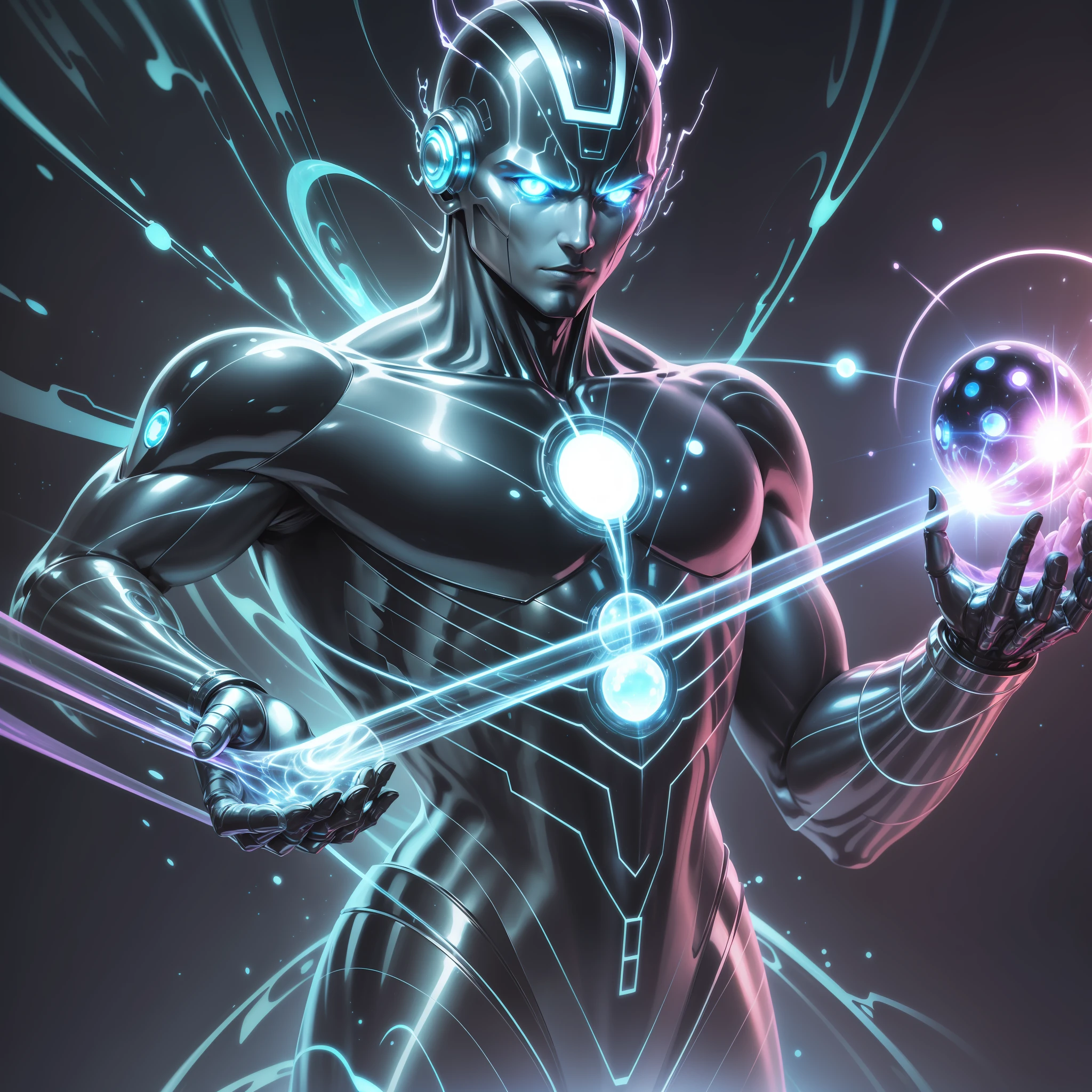 Arafed man holding a glowing object in his hands, huge chrome man, quality astral projection rendering, electrons, cybernetic body, nuclear fusion, atoms, electricity superpowers, cybernetic wallpaper, silver surfer dreams, transparent holographic being, nuclear art, bright black aura, mystic android, shodan, enigmatic!!, futuristic and human