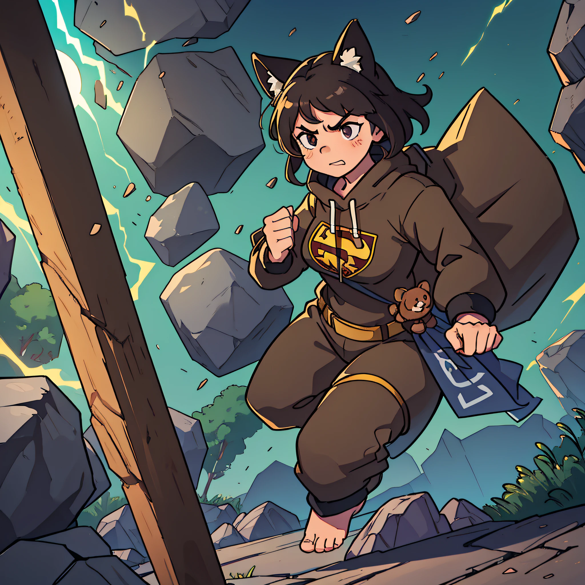 A female super hero with earth powers, very tired, angry and sporting dark visible bags under her eyes is shown in a full body shot in a fluffy brown and black dog onesie with floppy dog ears. The hero is in mid 20s with tall legs, slightly chubby and is controlling rocks.