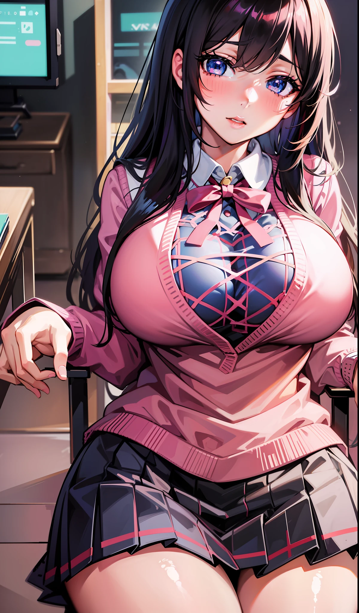 anime girl sitting on a chair with a big breast, seductive anime girl, beautiful anime high school girl, a hyperrealistic schoolgirl, hyperrealistic schoolgirl, attractive anime girl, realistic schoolgirl, anime girls, anime best girl, anime girl, beautiful anime girl, an anime girl, cute anime girl, pretty anime girl, beautiful alluring anime woman