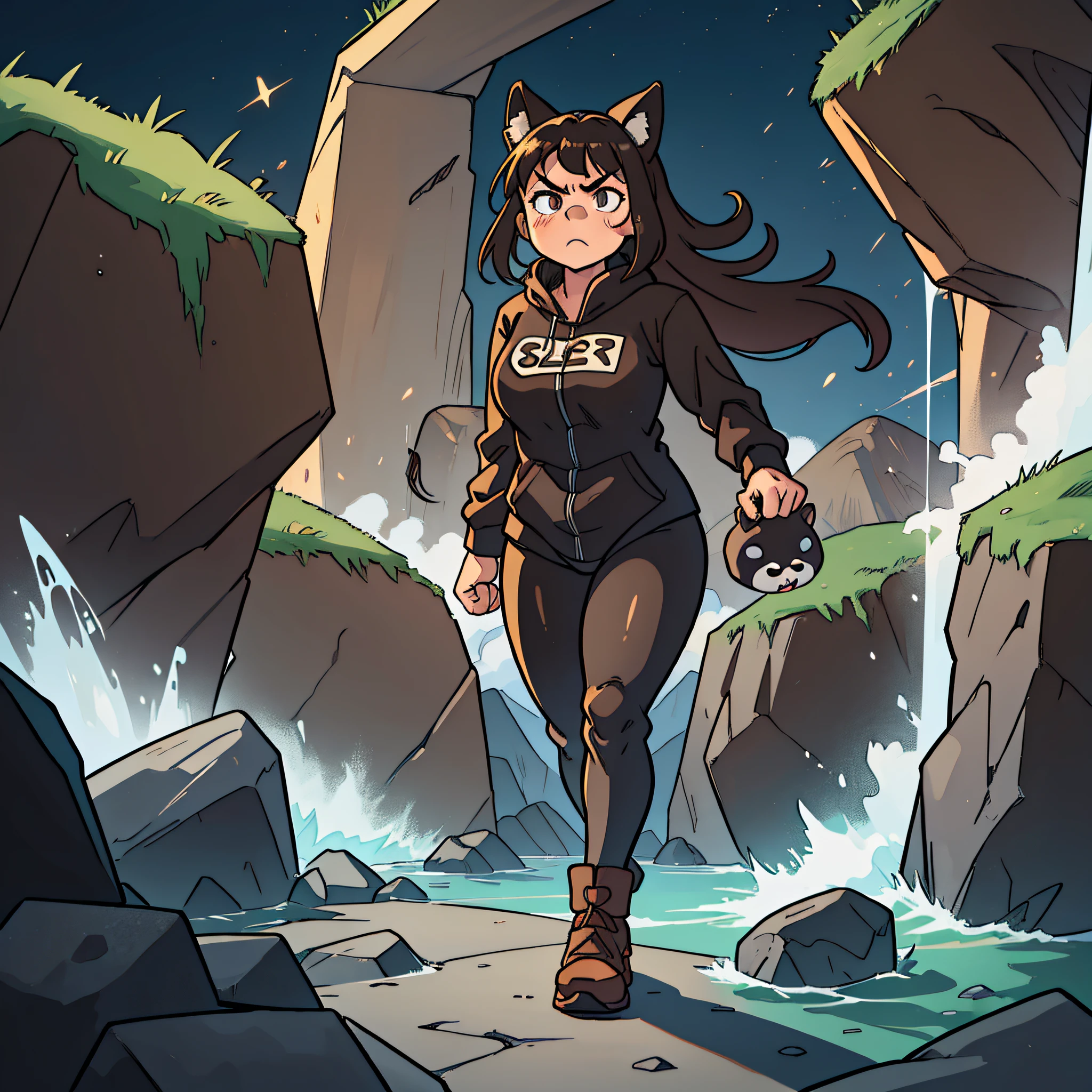 female super hero in a fluffy brown and black dog onesie, floppy dog ears, earth powers, very tired, angry, dark visible eye bags, tall legs (mid 20s), slightly chubby, full body shot, controlling rocks