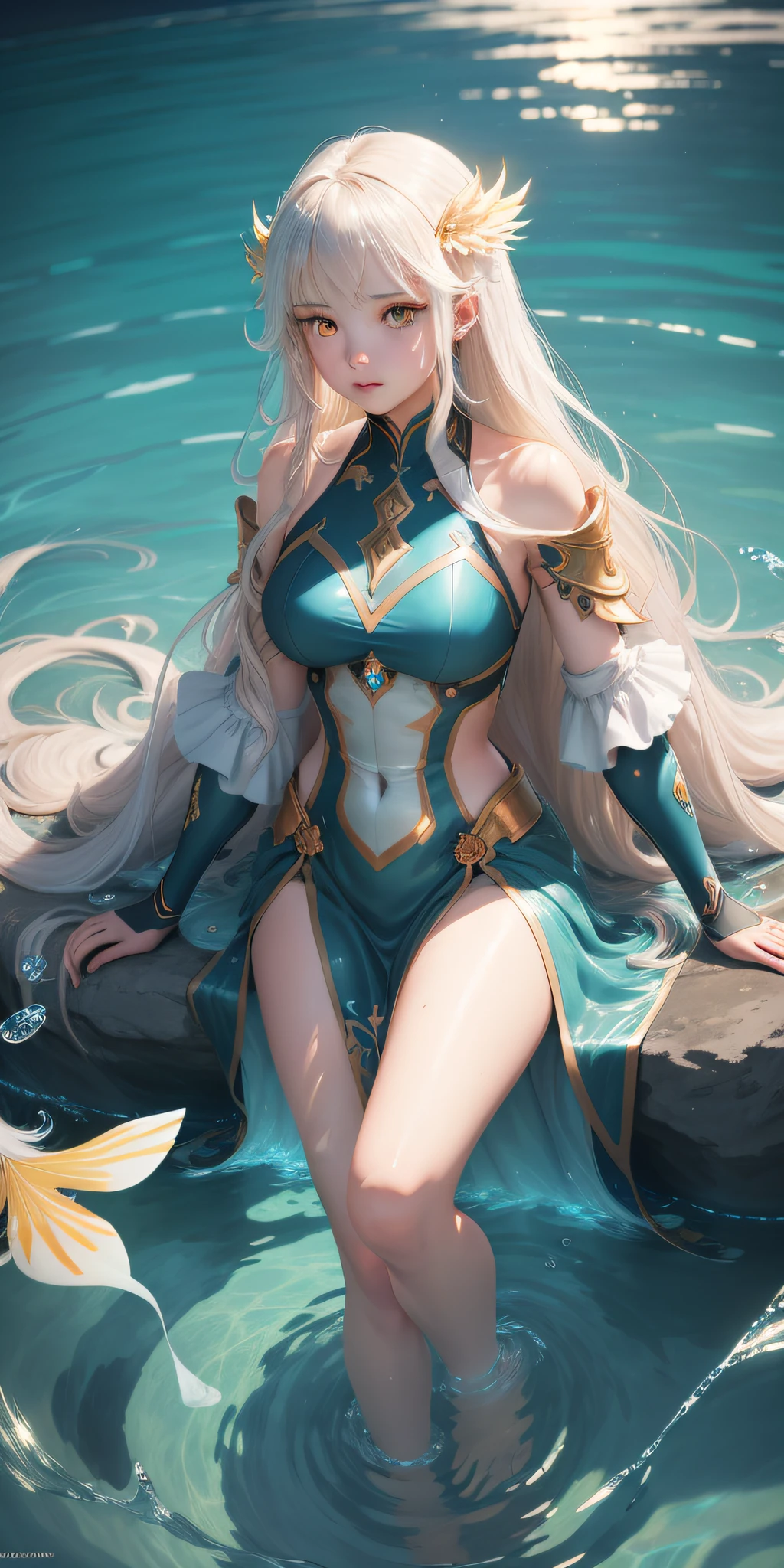 A beautiful girl immersed in water, her long hair flowing through the water. She is adorned in stunning and dynamically colored guardian attire, as depicted in a Pixiv illustration. Her yellow eyes stand out against the water. The background showcases a clear oceanic seascape with crystal-clear waters in incredible and cinematic tones. The overall composition forms a beautiful and illustrative painting, displayed on an extremely detailed 8K CG wallpaper.