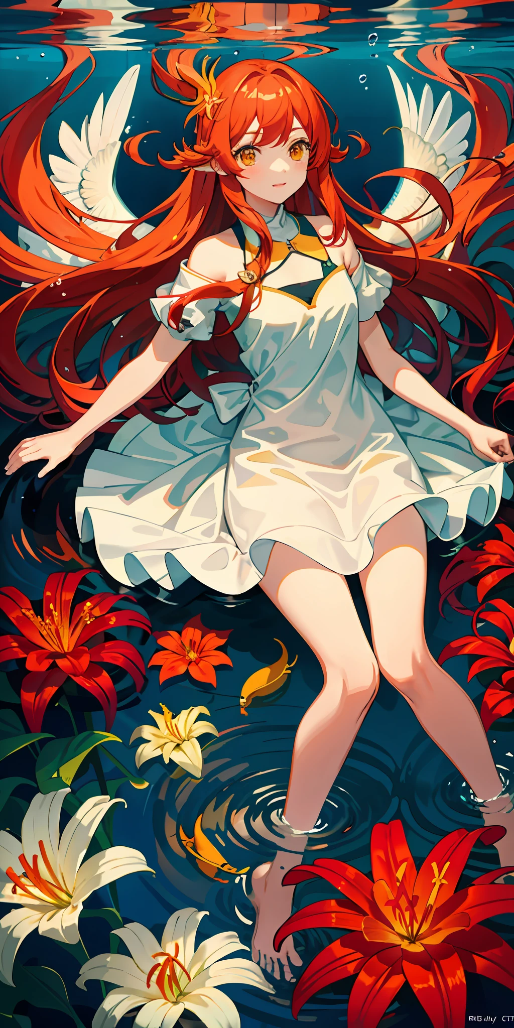 girl underwater, long red flowing hair, angel wings, orange yellow and white lily flowers