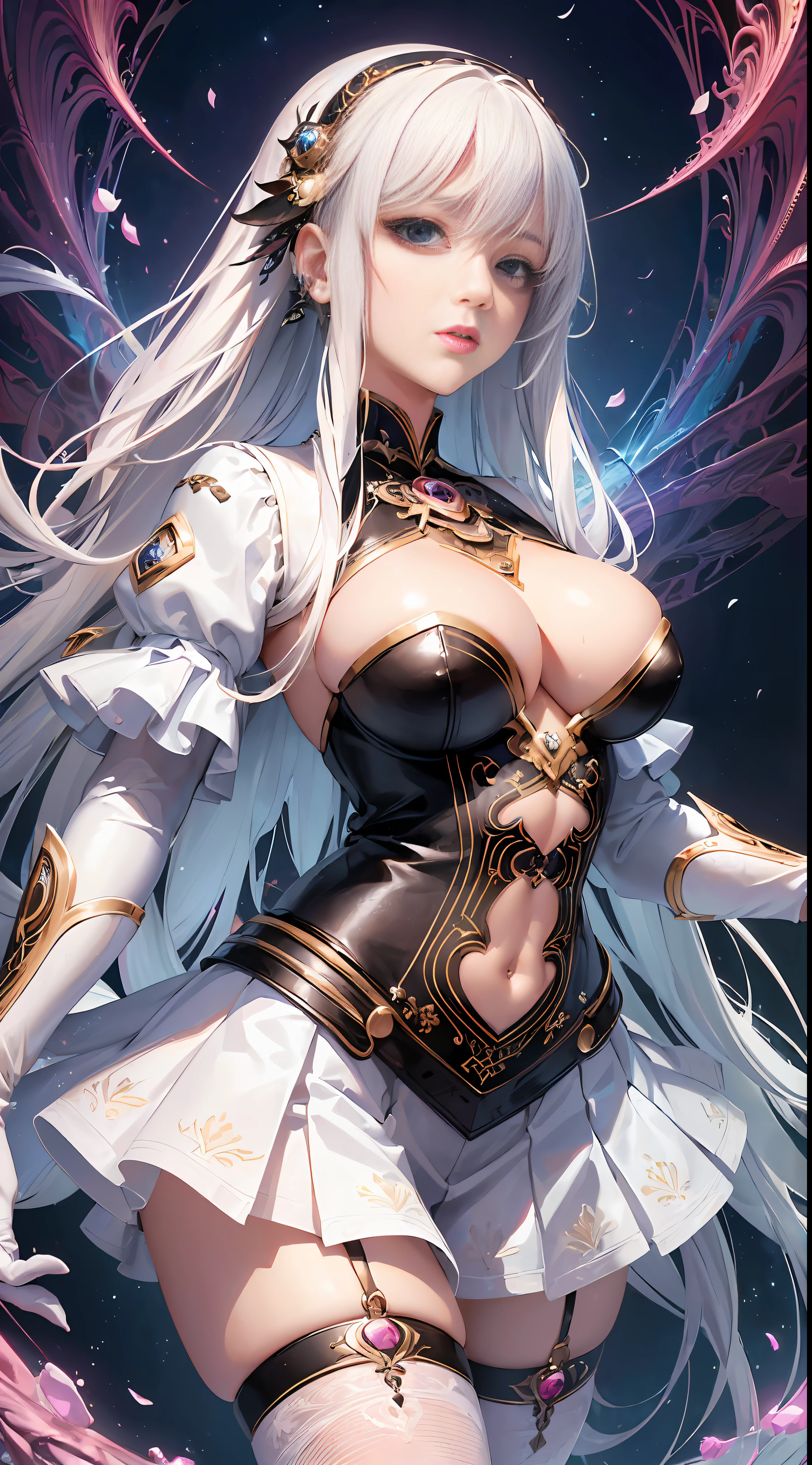 (sexual innuendo,masterpiece, top quality, best quality, official art, beautiful and aesthetic:1.2), (1girl), extreme detailed,(fractal art:1.3), colorful, highest detailed, white hair, white skirt, miniskirt,micro skirt,white gloves