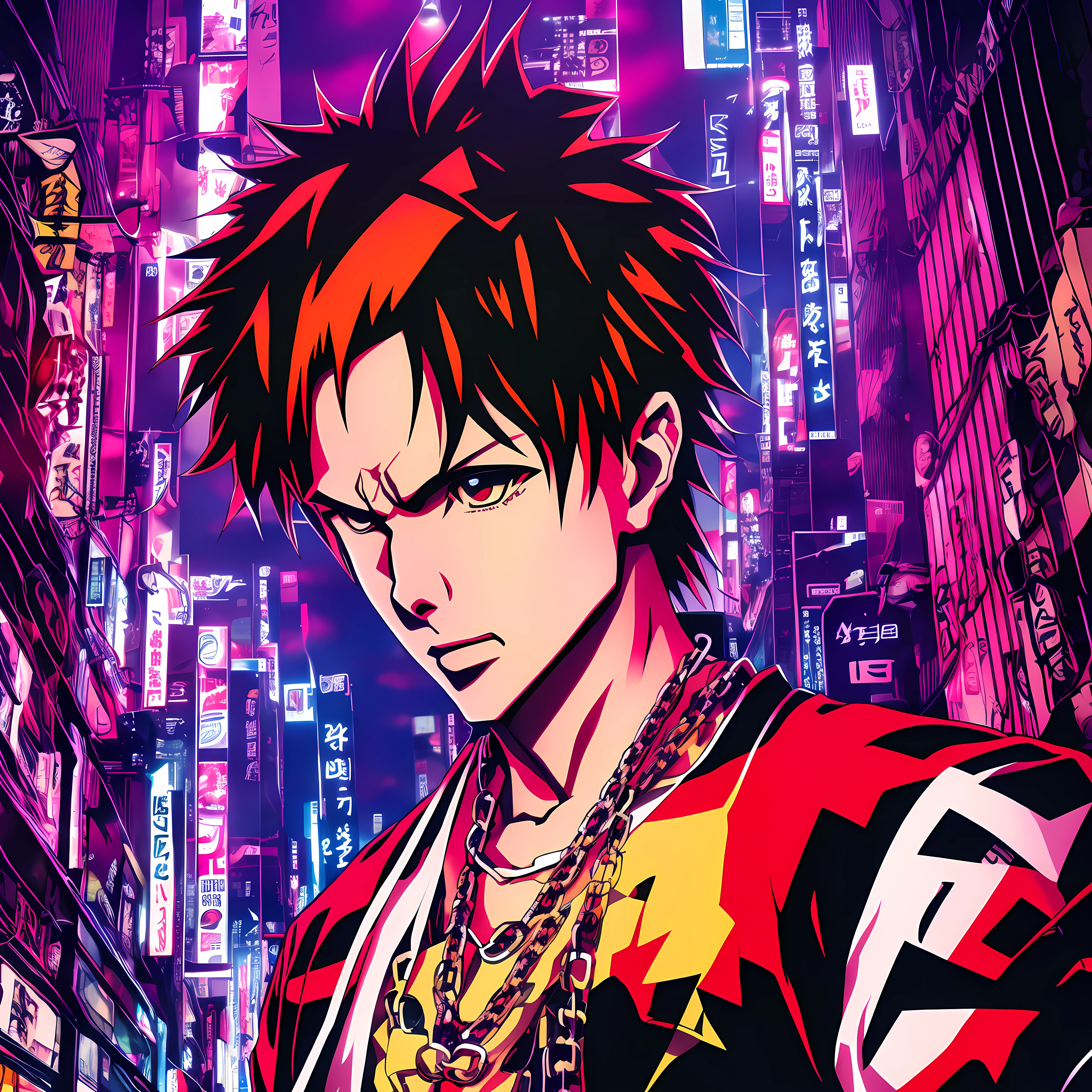 "anime style, Mikey character from Tokyo Revengers, full-length portrait, urban night Tokyo background, dark environment, punk clothes, in hand a chain with a cross pendant highlighted (Manjiro Sano), vibrant and saturated colors, Tokyo Revengers style."