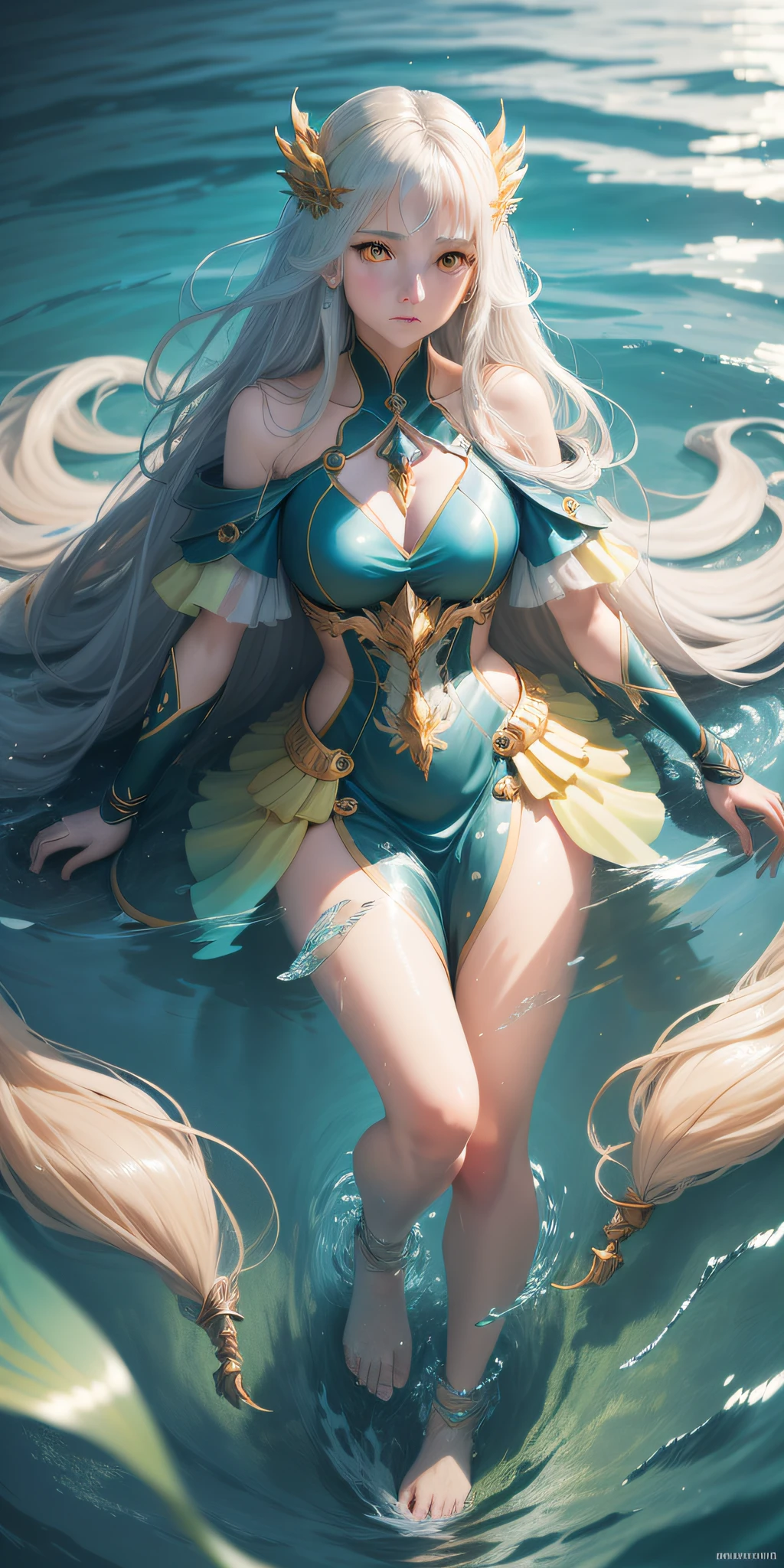 A beautiful girl immersed in water, her long hair flowing through the water. She is adorned in stunning and dynamically colored guardian attire, as depicted in a Pixiv illustration. Her yellow eyes stand out against the water. The background showcases a clear oceanic seascape with crystal-clear waters in incredible and cinematic tones. The overall composition forms a beautiful and illustrative painting, displayed on an extremely detailed 8K CG wallpaper.