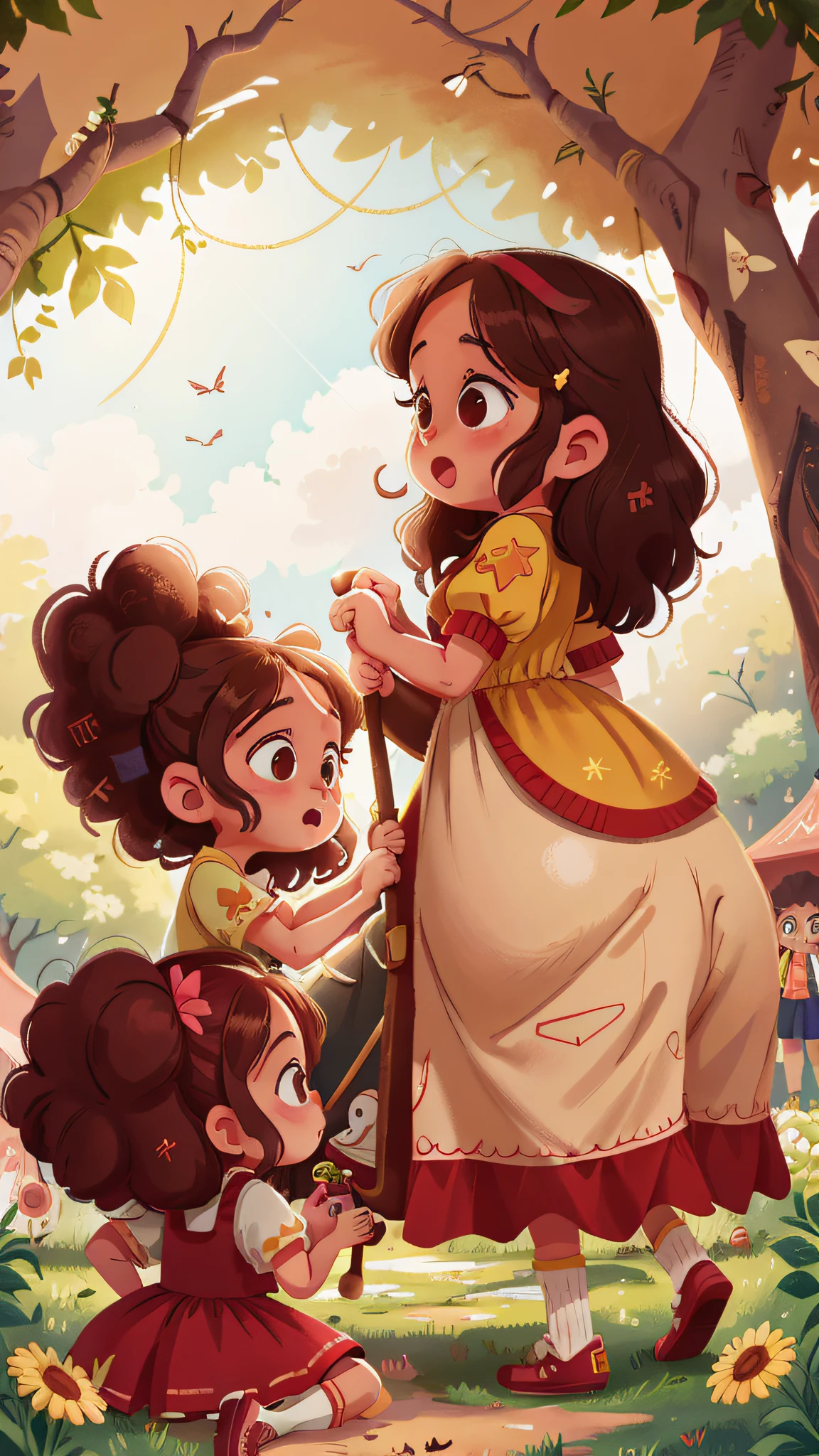Two girls, twins, curly brown hair, on the park carousel