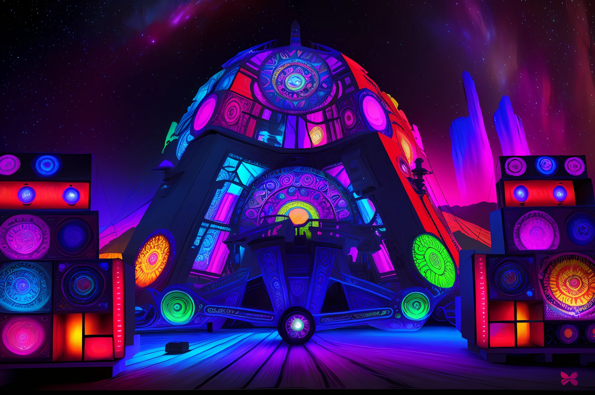 brightly colored tent with speakers and a clock on top, giant aztec spaceship, colorful detailed projections, extremely psychedelic experience, psytrance, psychedelic organic cyborg, colourful biomorphic temple, dmt temple, highly intricate in technicolor, futuristic psychedelic hippy, intricate artwork. neon eyes, shpongle, painting of ornate space ship, by Robert Lee Eskridge