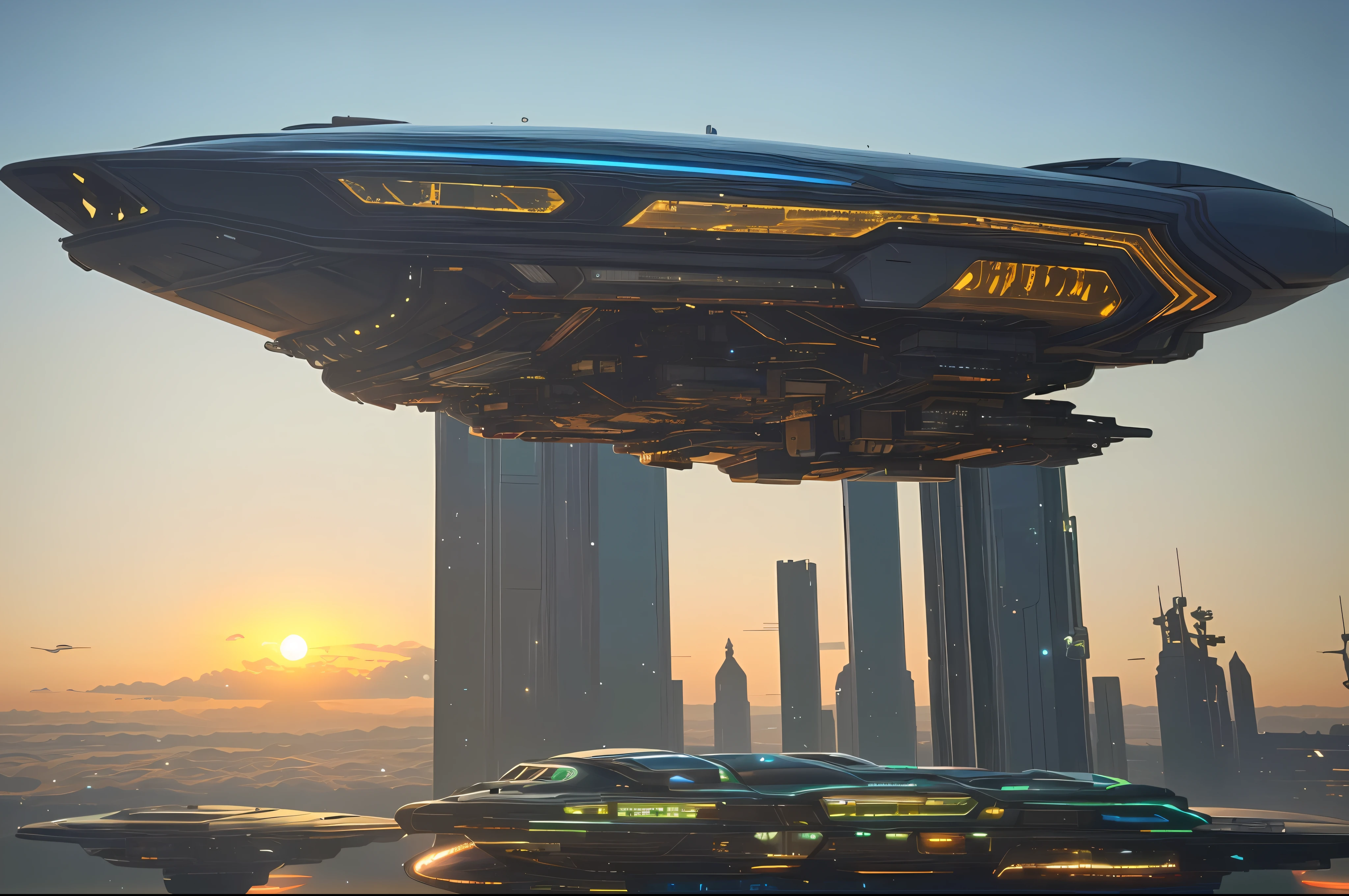 Spaceship flying over city in space station, planets in background, highly Arstation and Beeple, futuristic spaceport, space opera and dystopian style, realistic realistic city in the distance, epic beautiful space sci-fi, photos of futuristic cityscape, futuristic city in background, sci-fi space game art, futuristic, space colony, masterpiece, epic, majestic, best quality, very high resolution, 8k, HDR, digital photography, clear beautiful, iridescent, transparent , translucent, reflection, refraction, diffraction, caustic, volumetric light, volumetric shadow, (very detailed and refined: 1.2), (very delicate and beautiful: 1.2), partial backlight, (lighting outside the sunset frame and nearby lighting: 1.3), (realistic lighting: 1.2), (dynamic color from lighting: 1.2), (complex details: 1.3), ultra-detailed, surreal, (sharp focus: 1.2), (SFW: 1.2),